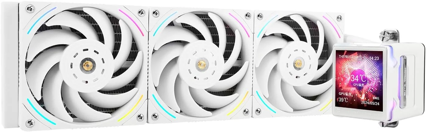 خنک کننده مایع پردازنده Thermalright Elite Vision 360 ARGB سفید، صفحه نمایش IPS LCD با رزولوشن 320 * 320، برای AM5 و Intel 1700/1851، خنک کننده آبی با عملکرد بالا با صفحه نمایش کریستال مایع 2.73 اینچی قابل جابجایی
