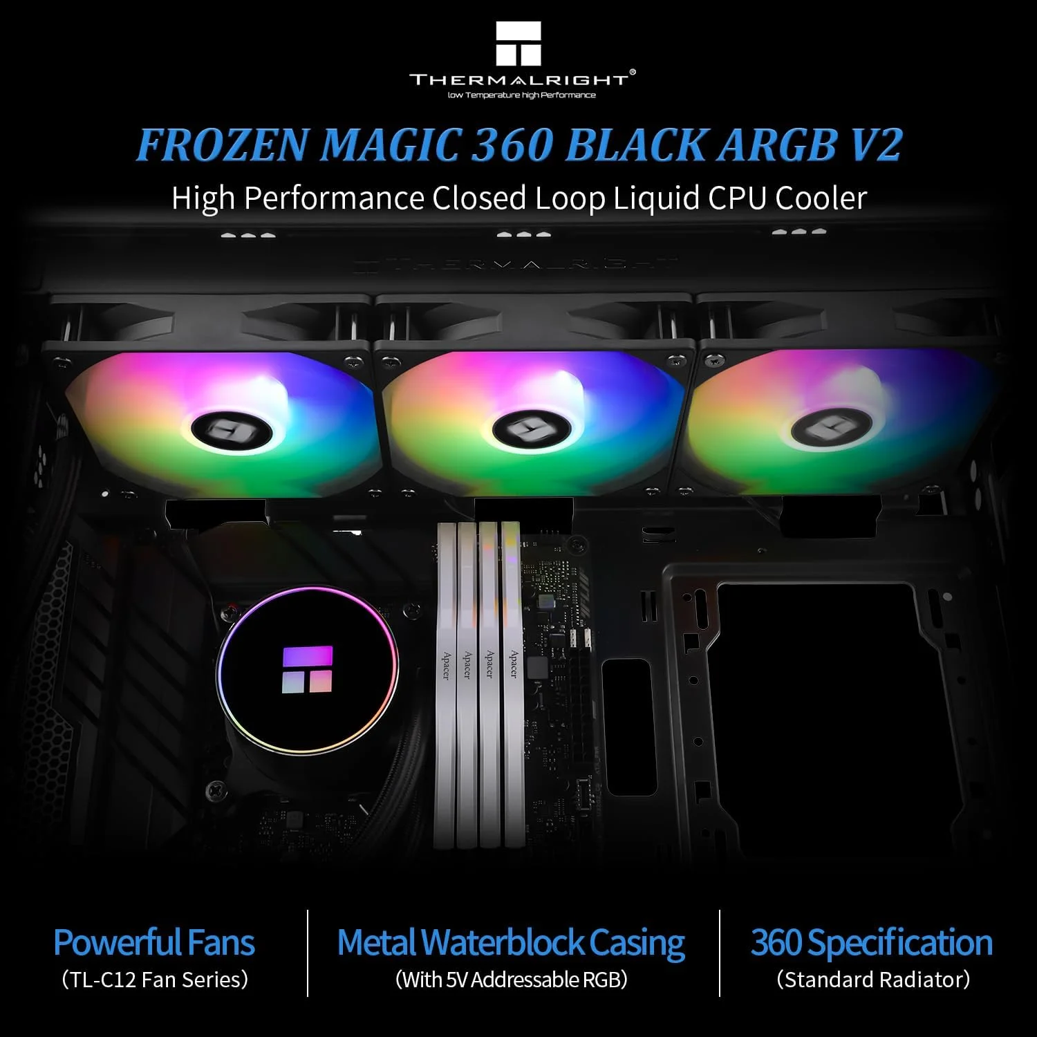 خنک کننده مایع پردازنده Thermalright Frozen Magic 360 Black ARGB V2، سایز رادیاتور خنک کننده 360 با 3 فن 120 میلی متری PWM ARGB، برای AMD/AM4/AM5، Intel LGA1150/1151/1200/2011/1700، خنک کننده آبی پردازنده دسکتاپ