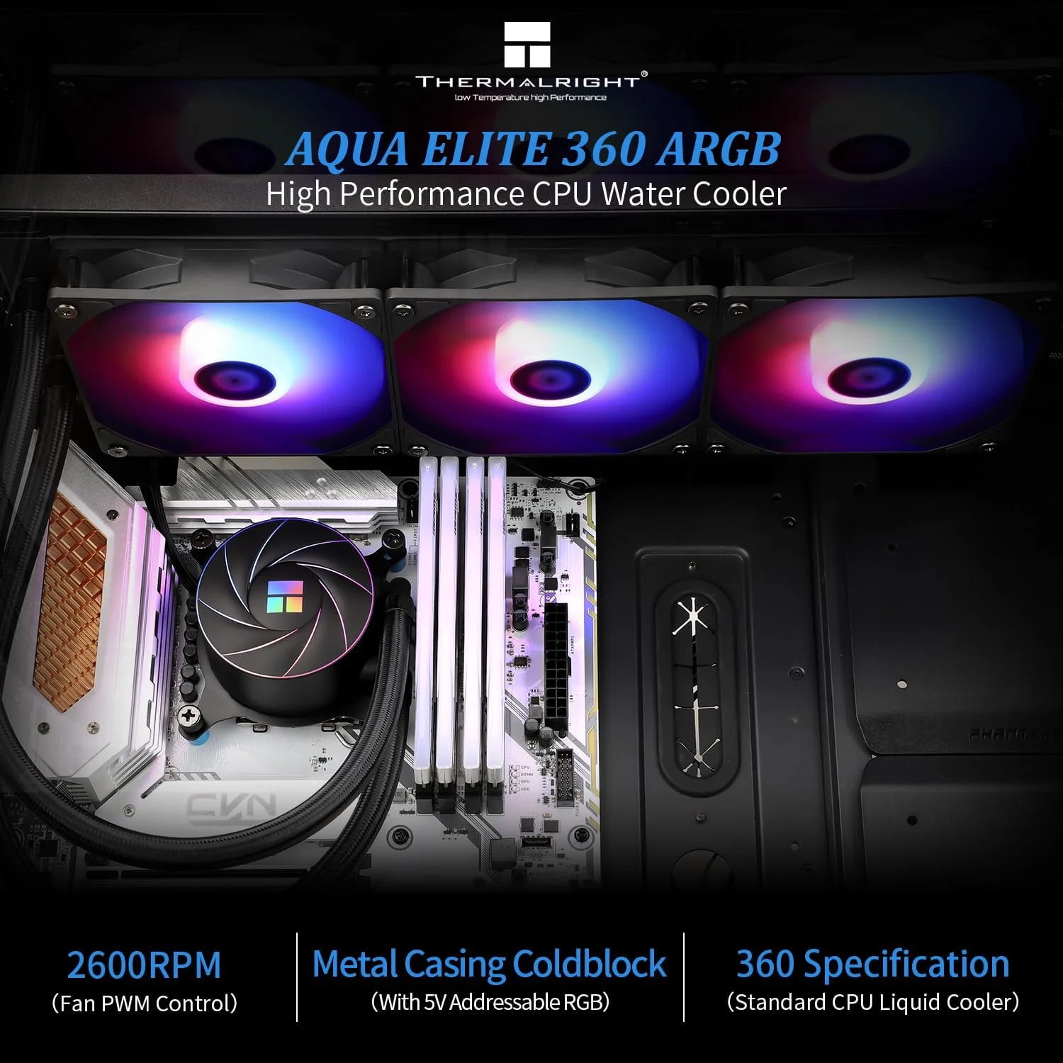خنک‌کننده آبی پردازنده Thermalright Aqua Elite 360 ARGB V4، همراه با 3 فن PWM ARGB، سرعت 1550 دور در دقیقه، برای AMD/AM4/AM5، Intel LGA1851/1150/1151/1155/1156/1200/2011/1700 (AE360 ARGB V4)