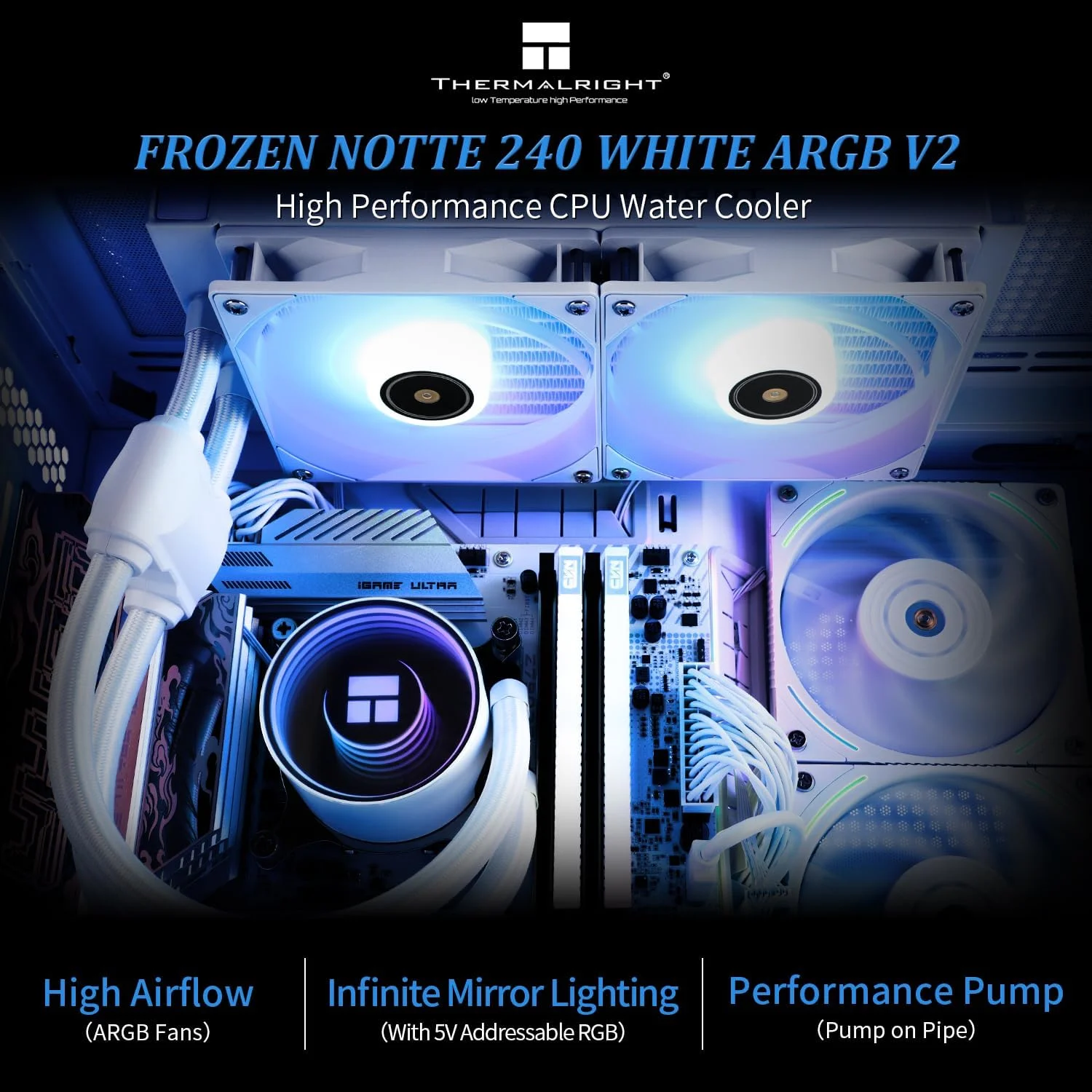 خنک کننده آبی پردازنده Thermalright Frozen Notte 240 WHITE ARGB، مشخصات خنک کننده پردازنده 240 سفید، فن های PWM دوتایی، بلبرینگ های S-FDB V2، مناسب برای AMD/AM4 AM5، Intel LGA 1700/1150/1151/1200/2011 خنک کننده آبی پردازنده Thermalright Frozen Notte 240 WHITE ARGB، مشخصات خنک کننده پردازنده 240 سفید، فن های PWM دوتایی، بلبرینگ های S-FDB V2، مناسب برای AMD/AM4 AM5، Intel LGA 1700/1150/1151/1200/2011