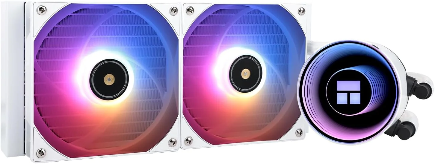 خنک کننده آبی پردازنده Thermalright Frozen Notte 240 WHITE ARGB، مشخصات خنک کننده پردازنده 240 سفید، فن های PWM دوتایی، بلبرینگ های S-FDB V2، مناسب برای AMD/AM4 AM5، Intel LGA 1700/1150/1151/1200/2011