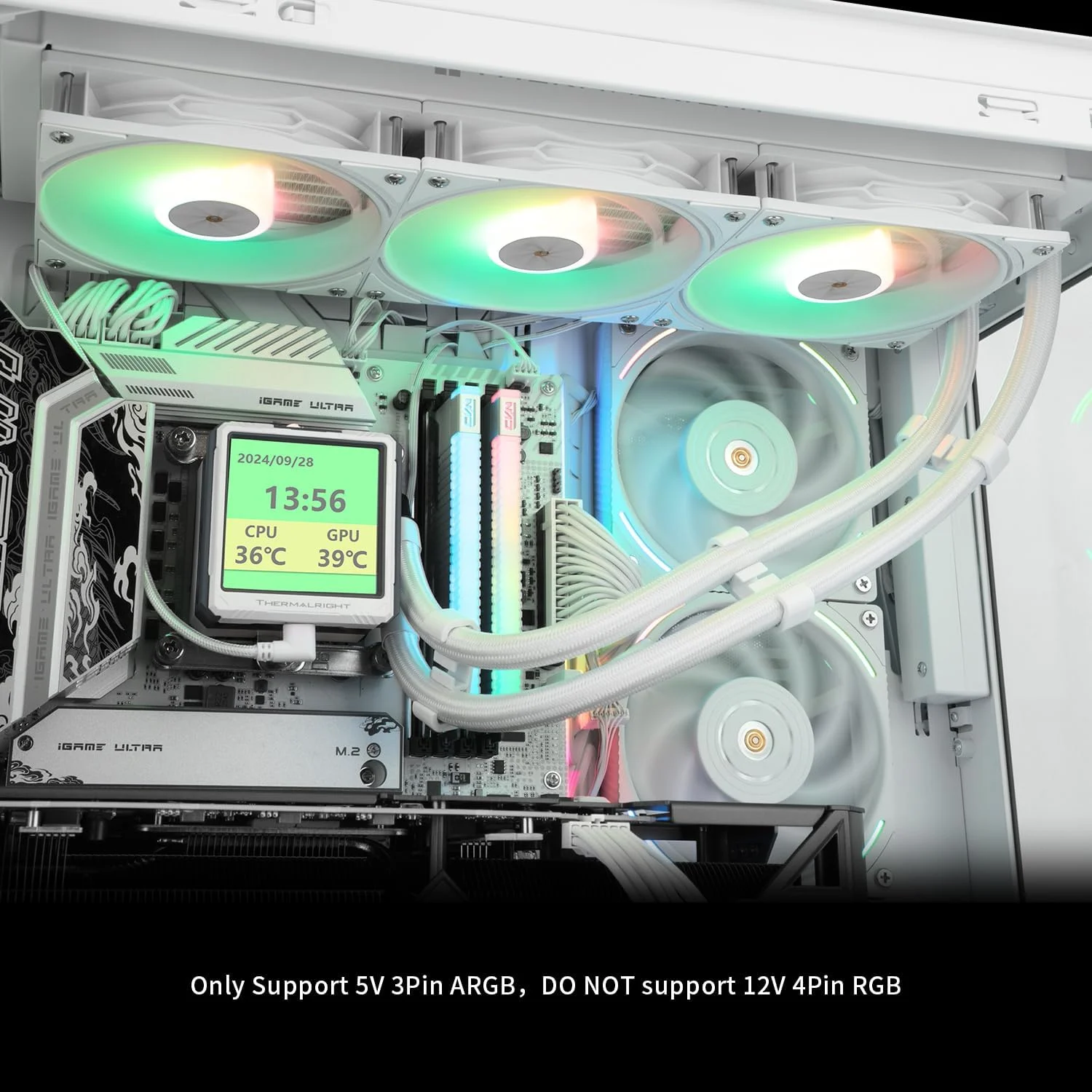 خنک‌کننده مایع پردازنده Thermalright FW360 Ultra ARGB سفید، سیستم خنک‌کننده آبی با مشخصات 360، صفحه نمایش IPS LCD با رزولوشن 480x480، برای AM5، Intel LGA1700/1851، پمپ با عملکرد بالا، صفحه نمایش LCD 2.88 اینچی