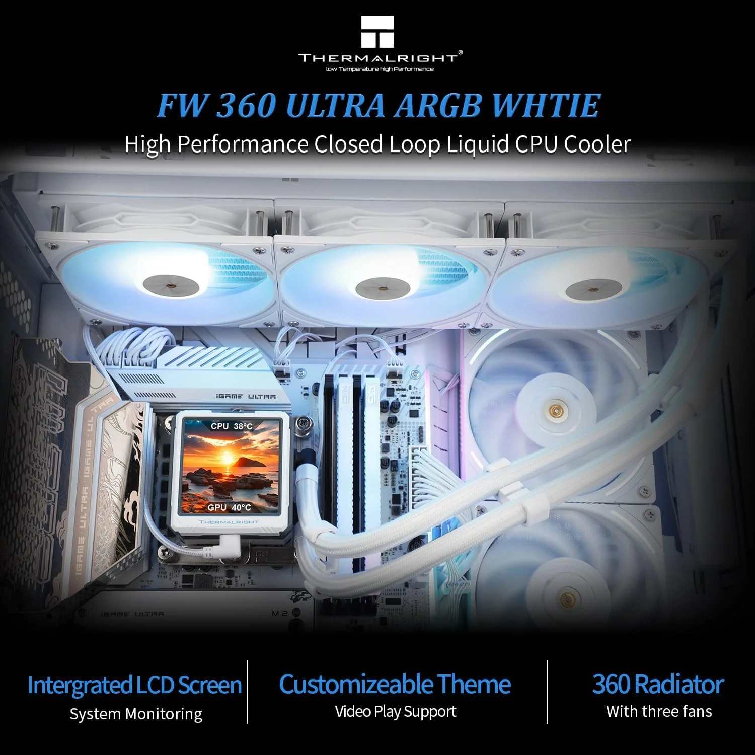 خنک‌کننده مایع پردازنده Thermalright FW360 Ultra ARGB سفید، سیستم خنک‌کننده آبی با مشخصات 360، صفحه نمایش IPS LCD با رزولوشن 480x480، برای AM5، Intel LGA1700/1851، پمپ با عملکرد بالا، صفحه نمایش LCD 2.88 اینچی