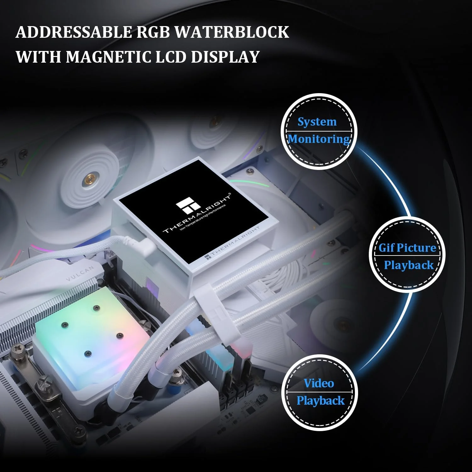 خنک کننده مایع پردازنده Thermalright Hyper Vision 360 UB ARGB سفید AIO برای AM5/Intel LGA1851/1700 با صفحه نمایش LCD مغناطیسی جاذب 3.95 اینچی با رزولوشن تصویر 480x480 و پنل مغناطیسی سفید