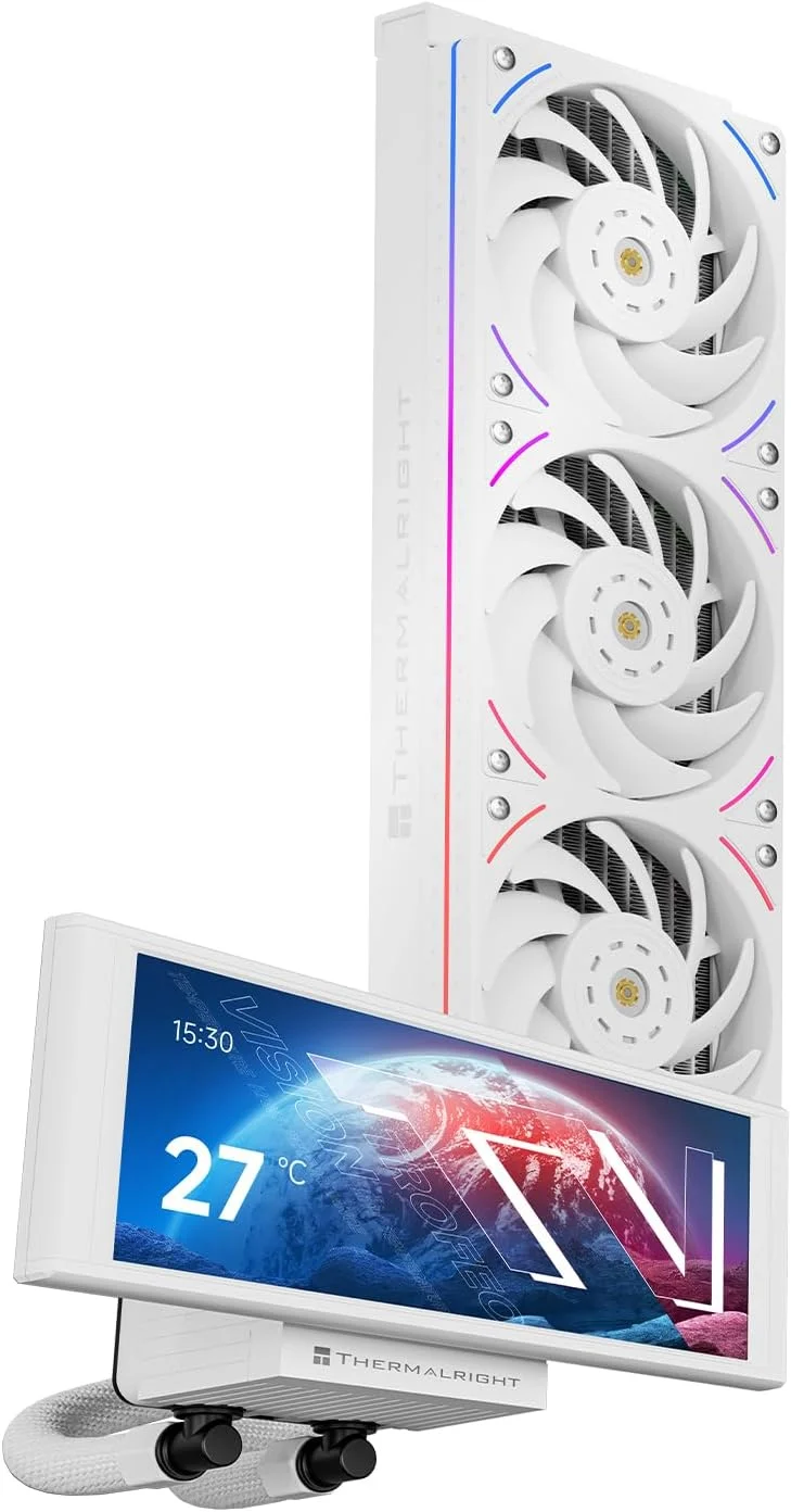 خنک کننده مایع پردازنده Thermalright Trofeo Vision 360 ARGB سفید، صفحه نمایش تمام رنگی 6.86 اینچی LCD با رزولوشن 1280x480، برای AM4/AM5، Intel LGA1851/1700، صفحه نمایش پنل مغناطیسی، تصاویر پویا/ایستا DIY