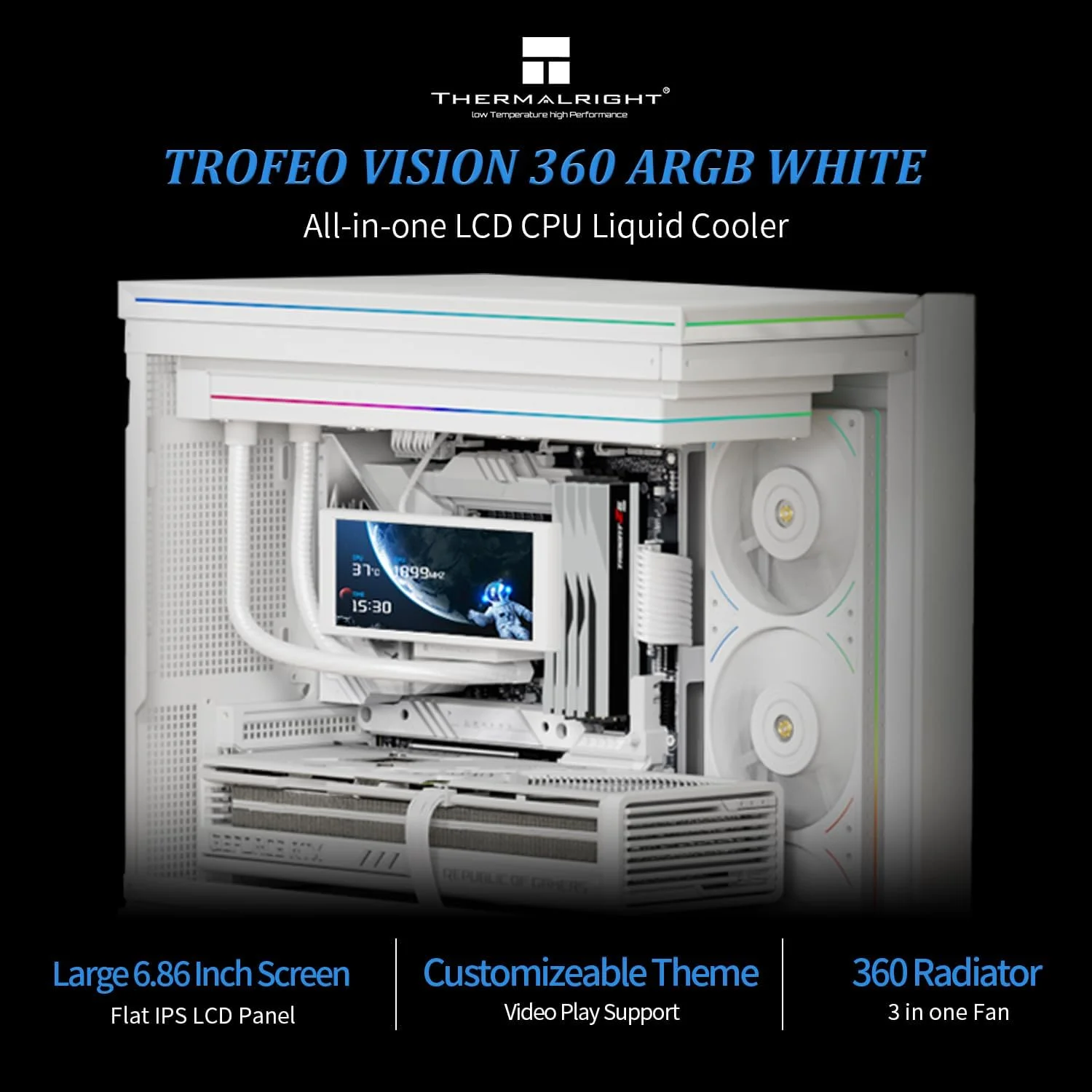 خنک کننده مایع پردازنده Thermalright Trofeo Vision 360 ARGB سفید، صفحه نمایش تمام رنگی 6.86 اینچی LCD با رزولوشن 1280x480، برای AM4/AM5، Intel LGA1851/1700، صفحه نمایش پنل مغناطیسی، تصاویر پویا/ایستا DIY خنک کننده مایع پردازنده Thermalright Trofeo Vision 360 ARGB سفید، صفحه نمایش تمام رنگی 6.86 اینچی LCD با رزولوشن 1280x480، برای AM4/AM5، Intel LGA1851/1700، صفحه نمایش پنل مغناطیسی، تصاویر پویا/ایستا DIY
