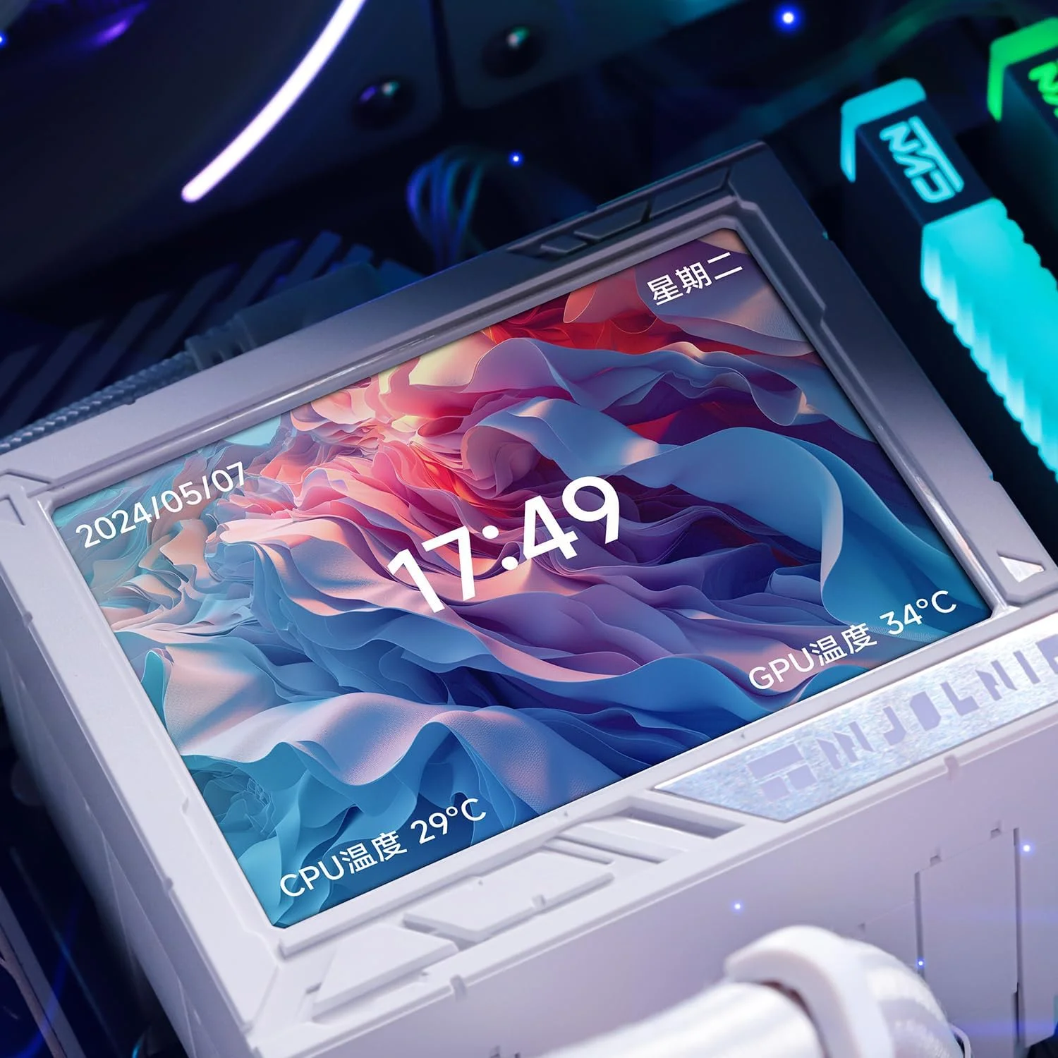 خنک کننده آبی پردازنده Thermalright Mjolnir Vision 360 ARGB سفید، سیستم خنک کننده آبی با 3 فن PWM با سرعت 2000PRM، برای AM4/AM5 و Intel LGA1851/1700، صفحه نمایش LCD مغناطیسی جداشدنی با رزولوشن 320 * 240