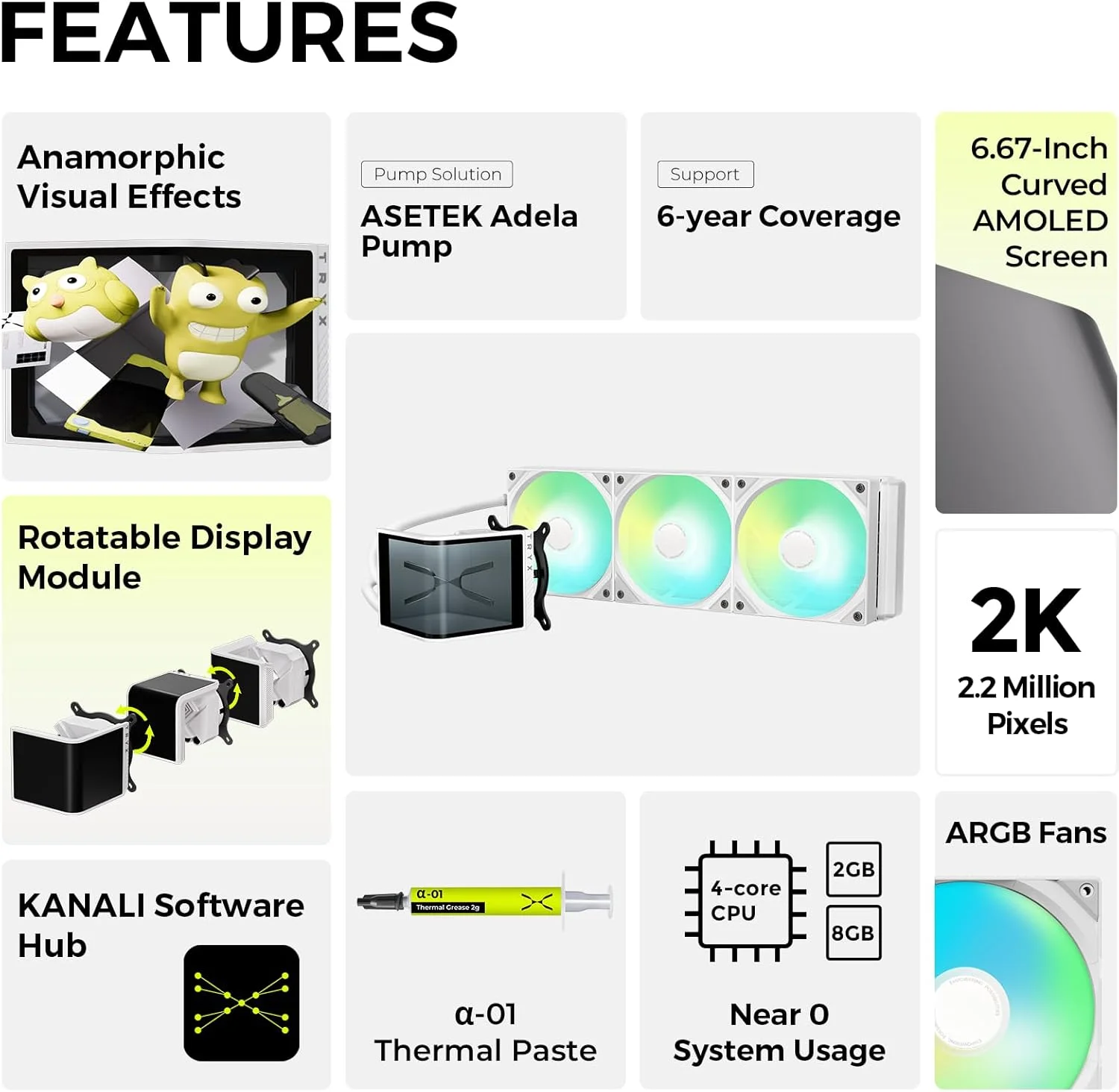 خنک کننده مایع پردازنده TRYX PANORAMA SE 360 ARGB سفید با صفحه نمایش منحنی AMOLED 6.67 اینچی قابل چرخش و جلوه سه بعدی آنامورفیک، 360 میلیمتری، سفید، Asetek Adela 280w TDP، سازگار با Intel LGA 1851/1700/1200/115X و AMD AM5/AM4 خنک کننده مایع پردازنده TRYX PANORAMA SE 360 ARGB سفید با صفحه نمایش منحنی AMOLED 6.67 اینچی قابل چرخش و جلوه سه بعدی آنامورفیک، 360 میلیمتری، سفید، Asetek Adela 280w TDP، سازگار با Intel LGA 1851/1700/1200/115X و AMD AM5/AM4