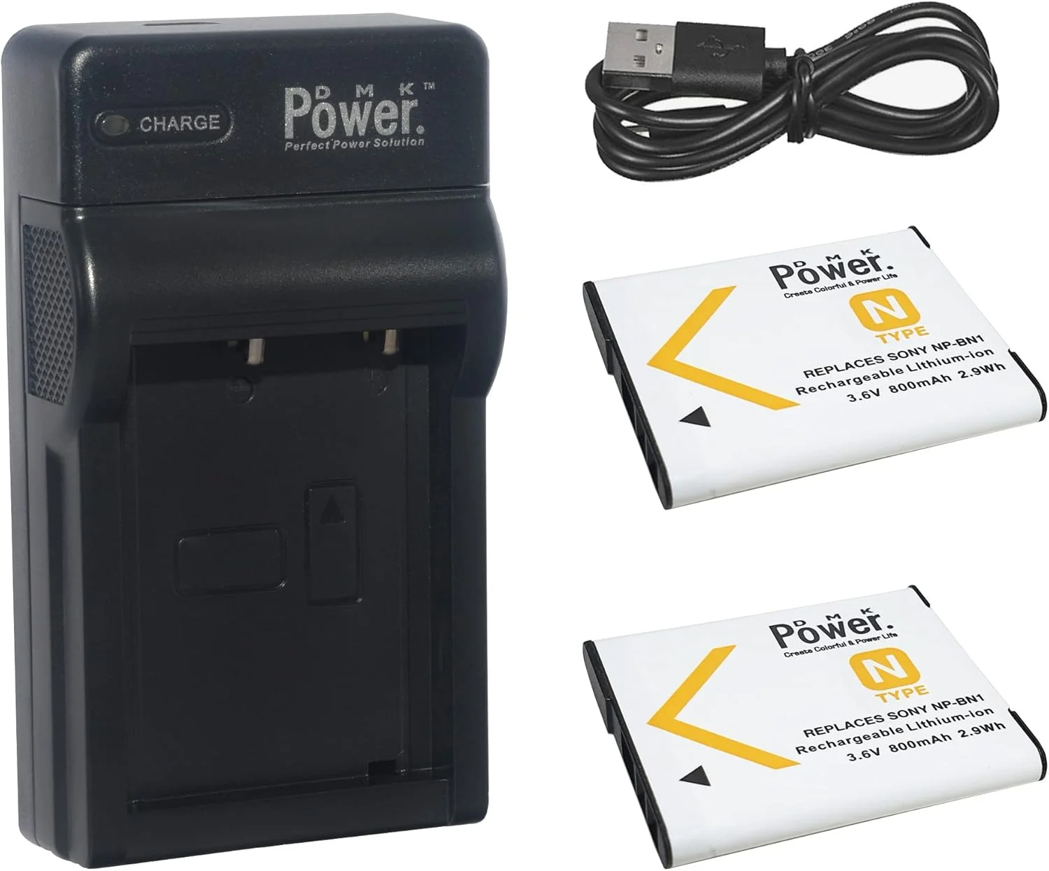 DMK Power 2 عدد باتری NP-BN1 (800mAh) و 1 عدد شارژر USB تک اسلات سازگار با Sony DSC-QX10, DSC-QX30, DSC-QX100, DSC-TX100V, DSC-TX200V, DSC-W800, DSC-W810, DSC-W830 و غیره