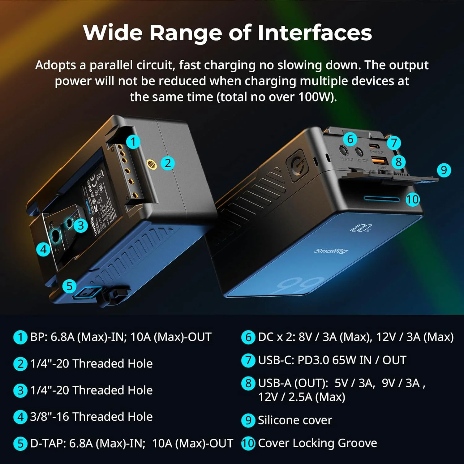 باتری مانت وی اسمال ریگ VB99 SE، 99 وات ساعت / 6800 میلی آمپر ساعت با خروجی 65 وات، شارژ کامل 2.5 ساعته، دارای پورت های USB-C، D-TAP، USB-A، دو پورت DC، صفحه نمایش OLED، برای دوربین، فیلمبرداری، مانیتور، نور ویدئو باتری مانت وی اسمال ریگ VB99 SE، 99 وات ساعت / 6800 میلی آمپر ساعت با خروجی 65 وات، شارژ کامل 2.5 ساعته، دارای پورت های USB-C، D-TAP، USB-A، دو پورت DC، صفحه نمایش OLED، برای دوربین، فیلمبرداری، مانیتور، نور ویدئو