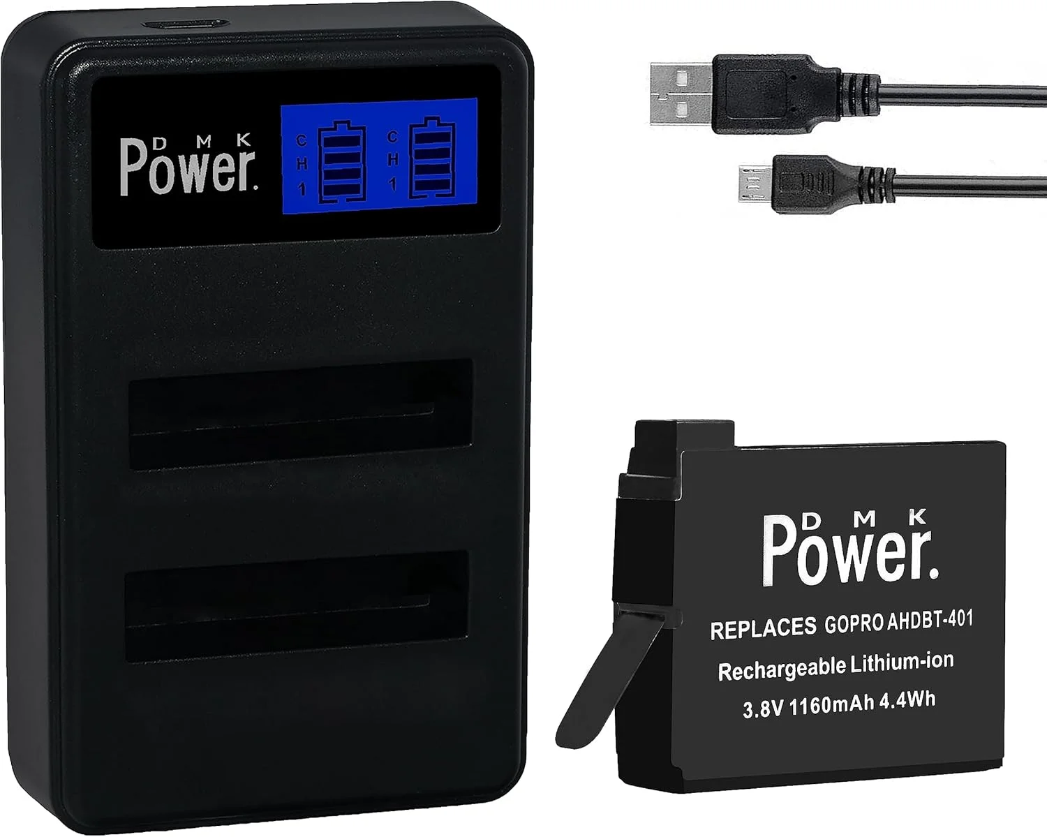 باتری DMK Power AHDBT-401 و شارژر USB دوتایی LCD سازگار با باتری های Gopro Hero 4 مناسب دوربین های اکشن Go Pro Hero4 AHDBT 401