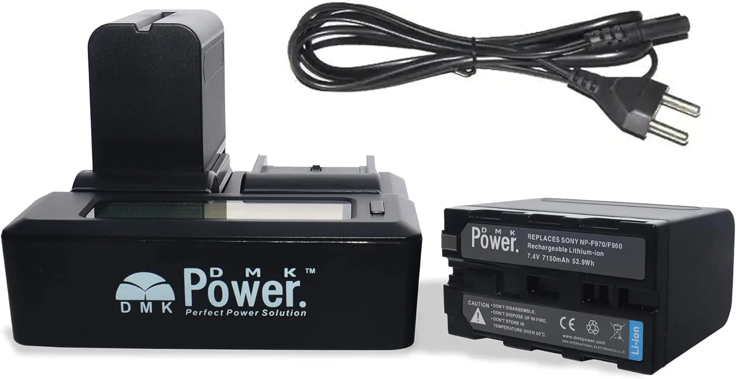 شارژر دوگانه دیجیتال DMK Power NP-F970 و 2 عدد باتری دوربین 7150mAh سازگار با Sony PXW-Z150 NEX-EA50M FDR-AX14K HDR-AX2000 FX1 FX7 FX1000 HVR-V1U Z1U Z5U Z7U NX5U MC2000U MC2500 NX100 Camcorder
