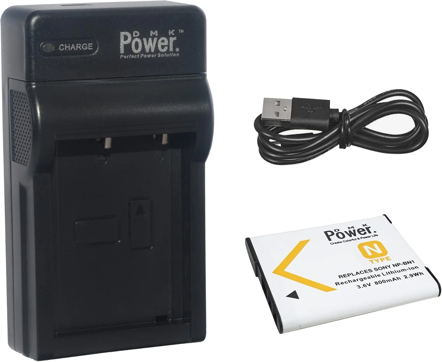 باتری DMK Power NP-BN1 (800mAh) و شارژر USB تک اسلات سازگار با Sony DSC-QX10, DSC-QX30, DSC-QX100, DSC-TX100V, DSC-TX200V, DSC-W800, DSC-W810, DSC-W830 و غیره