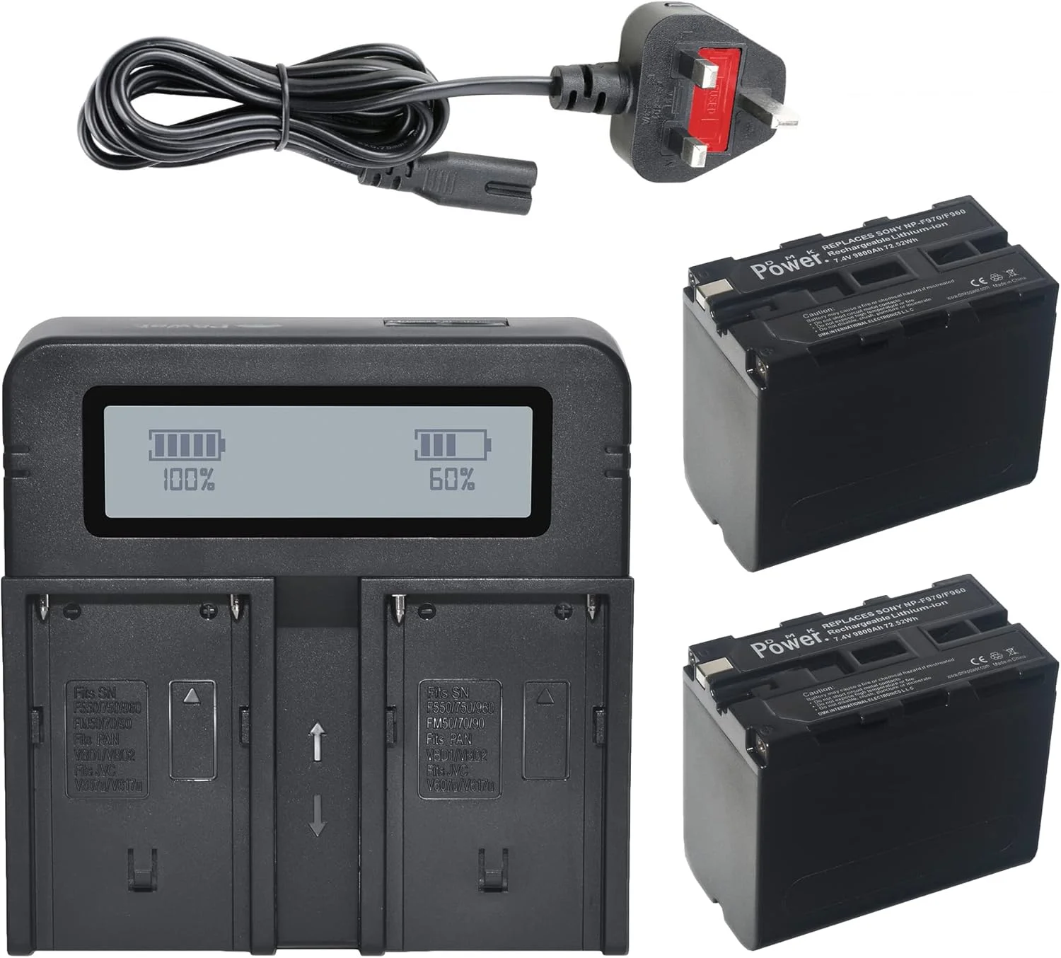 بسته دو عددی باتری DMK Power NP-F970/NP-F960 (9800mAh) به همراه شارژر دوگانه دیجیتال DC-03، مخصوص نورهای LED عکس و فیلم و مانیتور (نه برای دوربین)