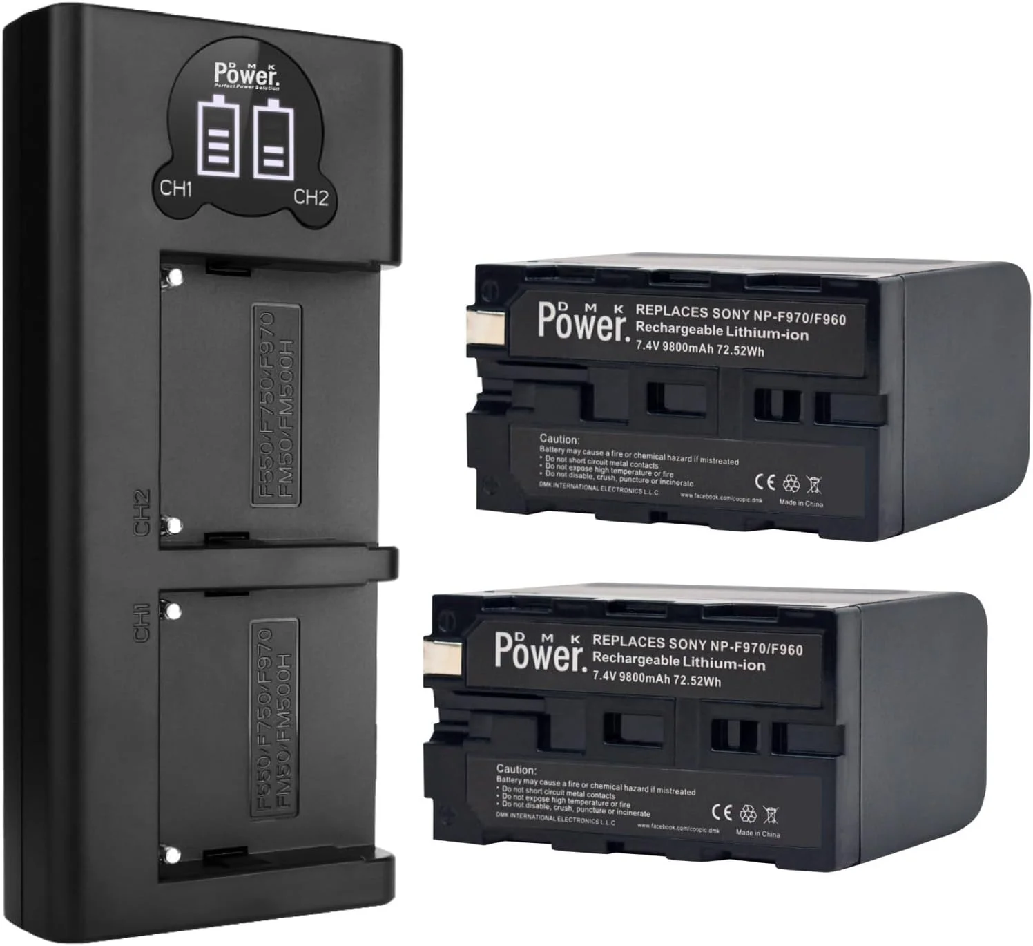 شارژر USB دوگانه سریع DMK Power به همراه 2 عدد باتری جایگزین 9800mAh NP-F970 سازگار با دوربین های Sony DCR-VX2100E DSR-PD190P DCM-M1 MVC-CD1000 HDR-FX1 HXR-NX3 HVR-HD1000U و نور LED و ویدئو