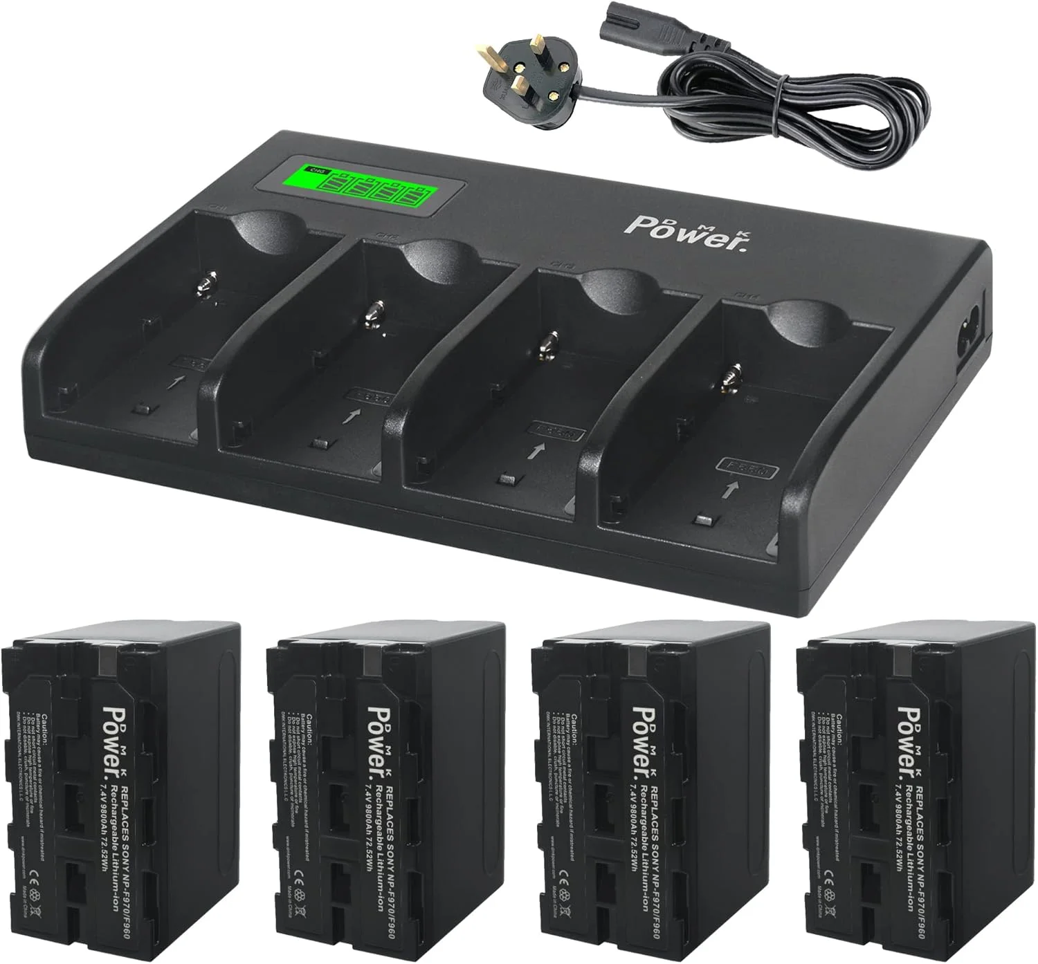 بسته چهارتایی باتری DMK Power NP-F970 (9800mAh) و شارژر 4 اسلاته سازگار با دوربین های Sony DCR-VX2100E DSR-PD190P DCM-M1 MVC-CD1000 HDR-FX1 HXR-NX3 HVR-HD1000U و چراغ های LED و ویدئویی