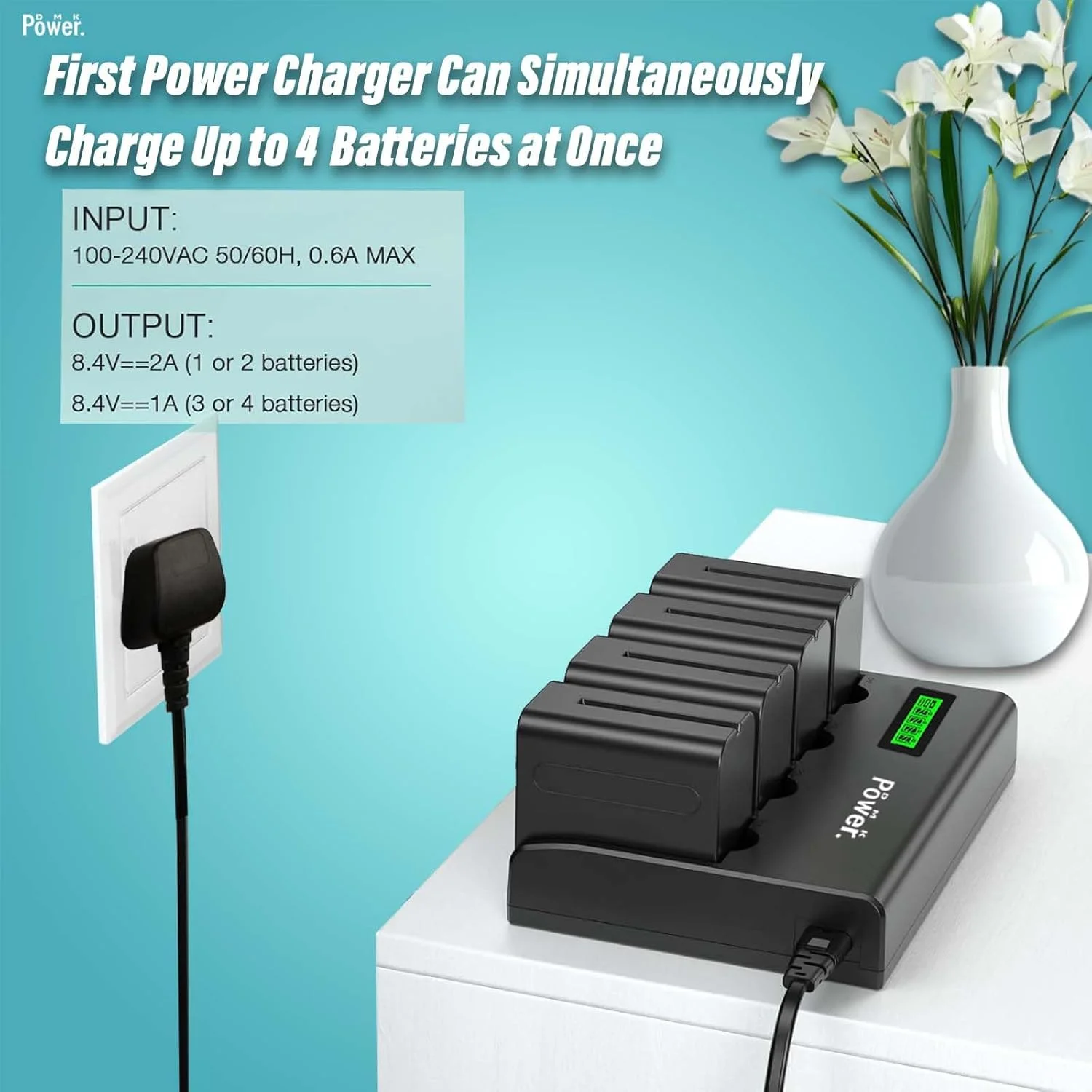 شارژر سریع 4 کاناله دیواری باتری DMK Power با نمایشگر LCD هوشمند سازگار با باتری دوربین و چراغ ویدئویی LED سونی NP-F970 NP-F960 NP-F950 NP-F930 NP-F770 NP-F750 NP-F570 NP-F550 شارژر سریع 4 کاناله دیواری باتری DMK Power با نمایشگر LCD هوشمند سازگار با باتری دوربین و چراغ ویدئویی LED سونی NP-F970 NP-F960 NP-F950 NP-F930 NP-F770 NP-F750 NP-F570 NP-F550