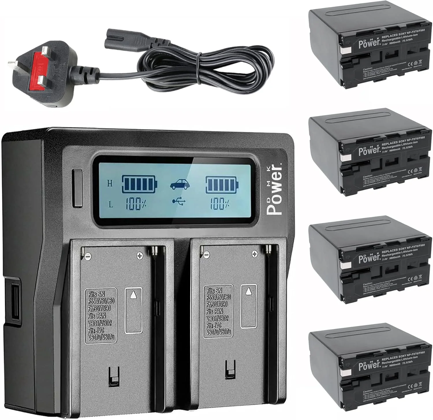 DMK پاور NP-F970/NP-F960 "4 عدد باتری 9800mAh و 1 عدد شارژر دوگانه دیجیتال DC-01", مخصوص چراغ های LED عکس و فیلم و مانیتور (نه برای دوربین ها و فیلمبرداری)