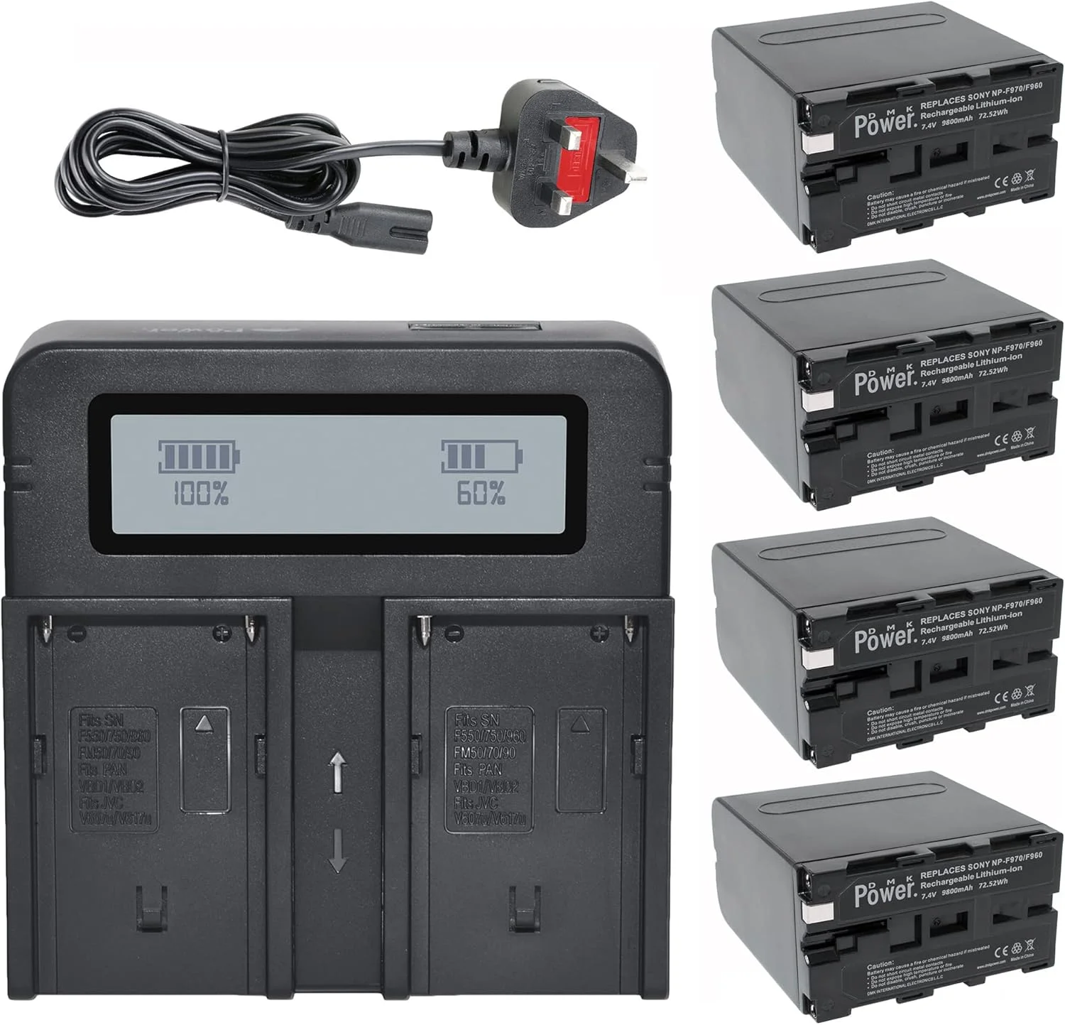 بسته چهارتایی باتری DMK مدل NP-F970/NP-F960 (9800mAh) به همراه شارژر دوگانه دیجیتال DC-03، مخصوص نورهای LED عکس و فیلم و مانیتور (نه برای دوربین)