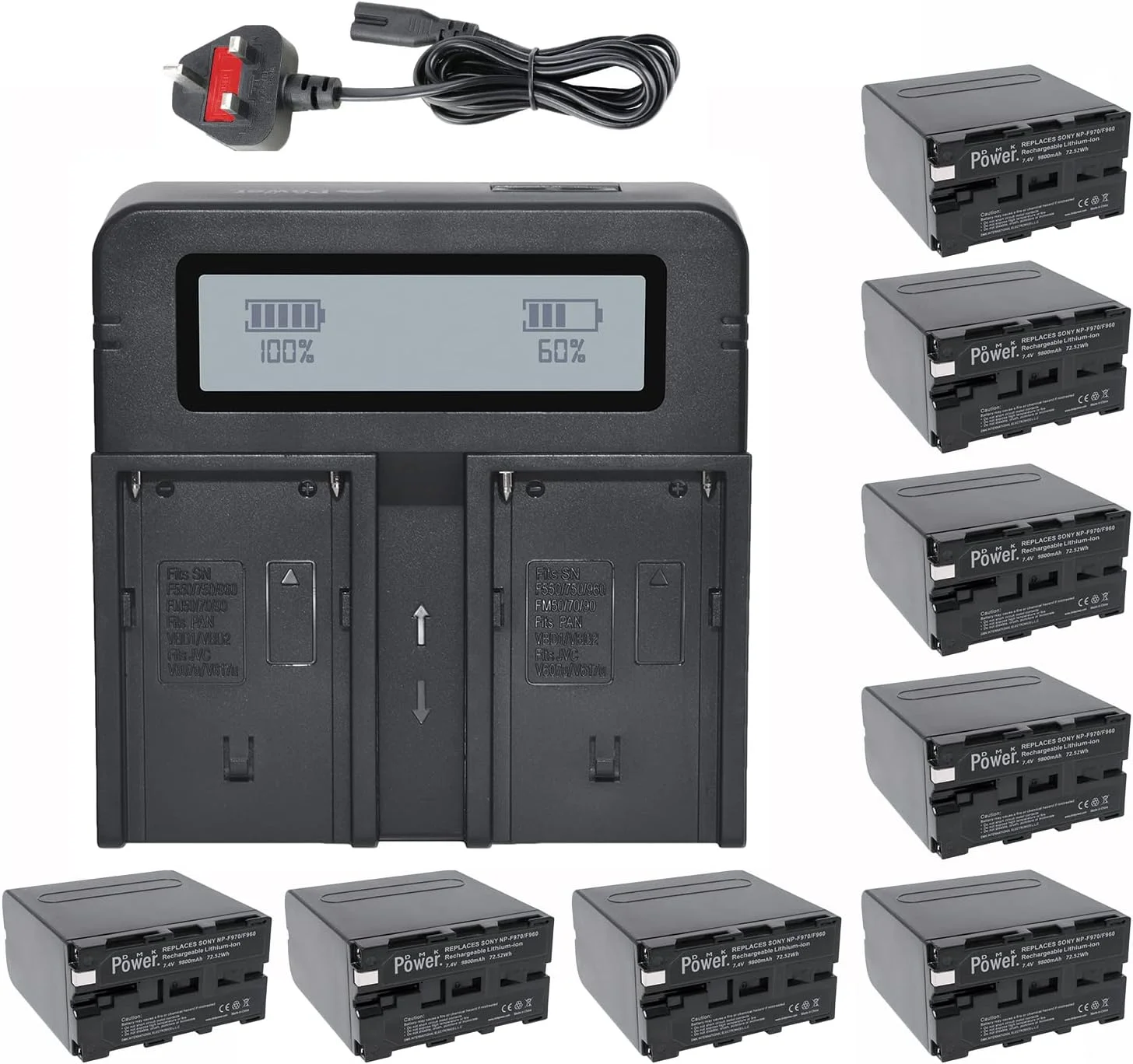 بسته 8 عددی باتری DMK Power NP-F970/NP-F960 (9800mAh) به همراه شارژر دوگانه دیجیتال DC-03، مخصوص نورهای LED عکاسی و فیلمبرداری و مانیتور (نه برای دوربین عکاسی و فیلمبرداری)