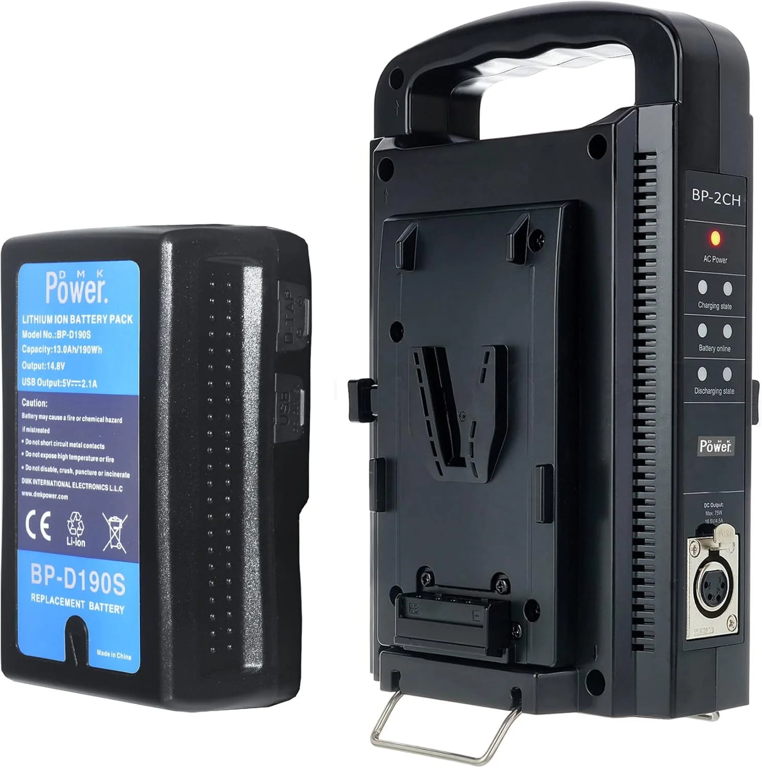 باطری V-Lock مدل DMK Power BP-D190S (190Wh, 14.8V, 13000mAh) باطری لیتیوم-یون قابل شارژ به همراه شارژر سریع دو طرفه V Mount مدل BP-2CH و کابل 3 پین برای دوربین فیلمبرداری