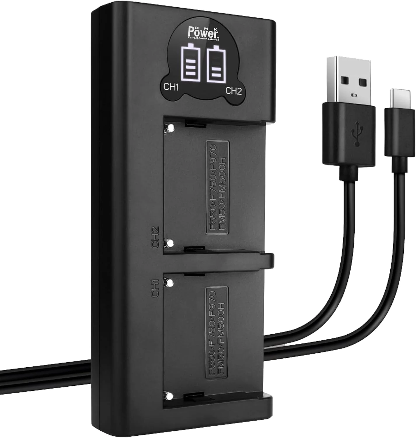 شارژر ال سی دی دوگانه USB مدل DMK Power مناسب برای باتری های سری Sony NP-F مدل های NP-F550 NP-F570 NP-F750 NP-F770 NP-F930 NP-F950 NP-F960 NP-F970 FM50/FM500H QM71 QM91 QM71D