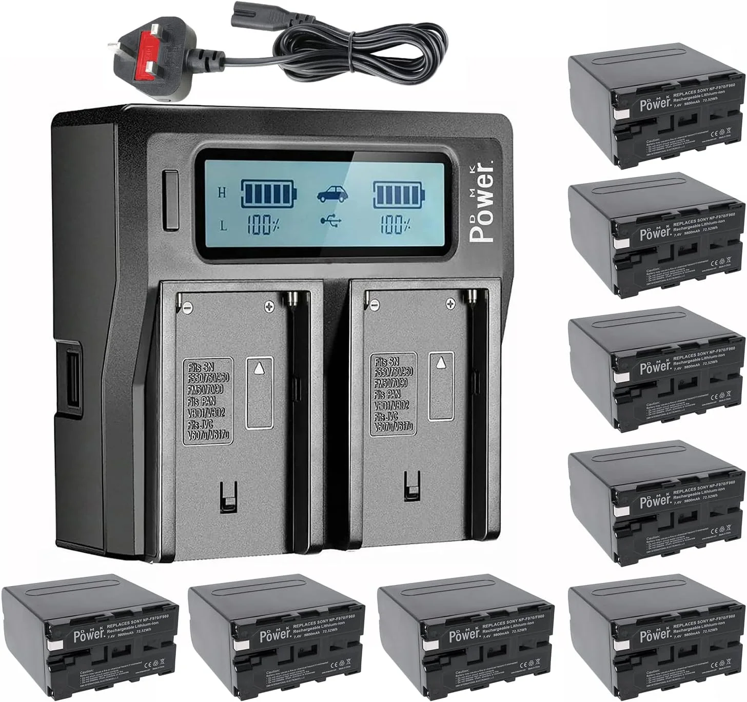 DMK پاور NP-F970/NP-F960 "بسته 8 عددی باتری 9800mAh و 1 عدد شارژر دوگانه دیجیتال DC-01"، ساخته شده فقط برای چراغ های LED عکس و فیلم و مانیتور (نه برای دوربین ها و فیلمبرداری)