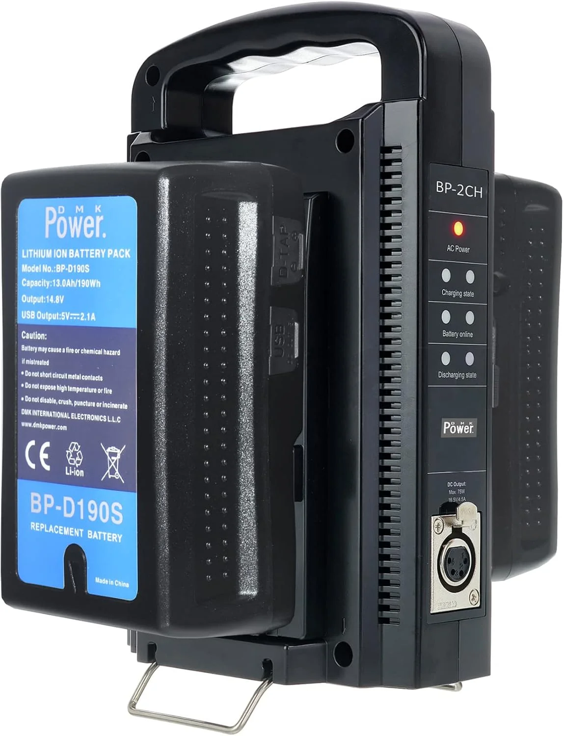 باطری V-Lock مدل DMK Power 2 x BP-D190S (۱۹۰ وات ساعت، ۱۴.۸ ولت، ۱۳۰۰۰ میلی آمپر ساعت) به همراه شارژر سریع دو طرفه V Mount مدل BP-2CH و کابل ۳ پین برای دوربین فیلمبرداری