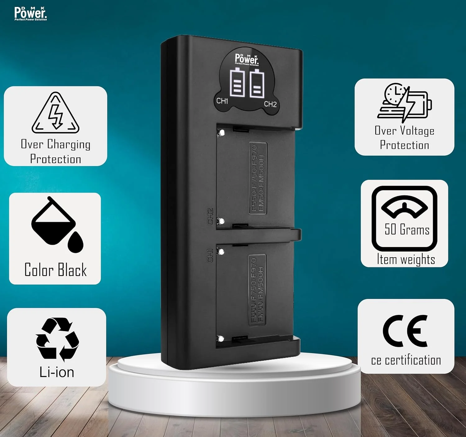 شارژر ال سی دی دوگانه USB مدل DMK Power مناسب برای باتری های سری Sony NP-F مدل های NP-F550 NP-F570 NP-F750 NP-F770 NP-F930 NP-F950 NP-F960 NP-F970 FM50/FM500H QM71 QM91 QM71D