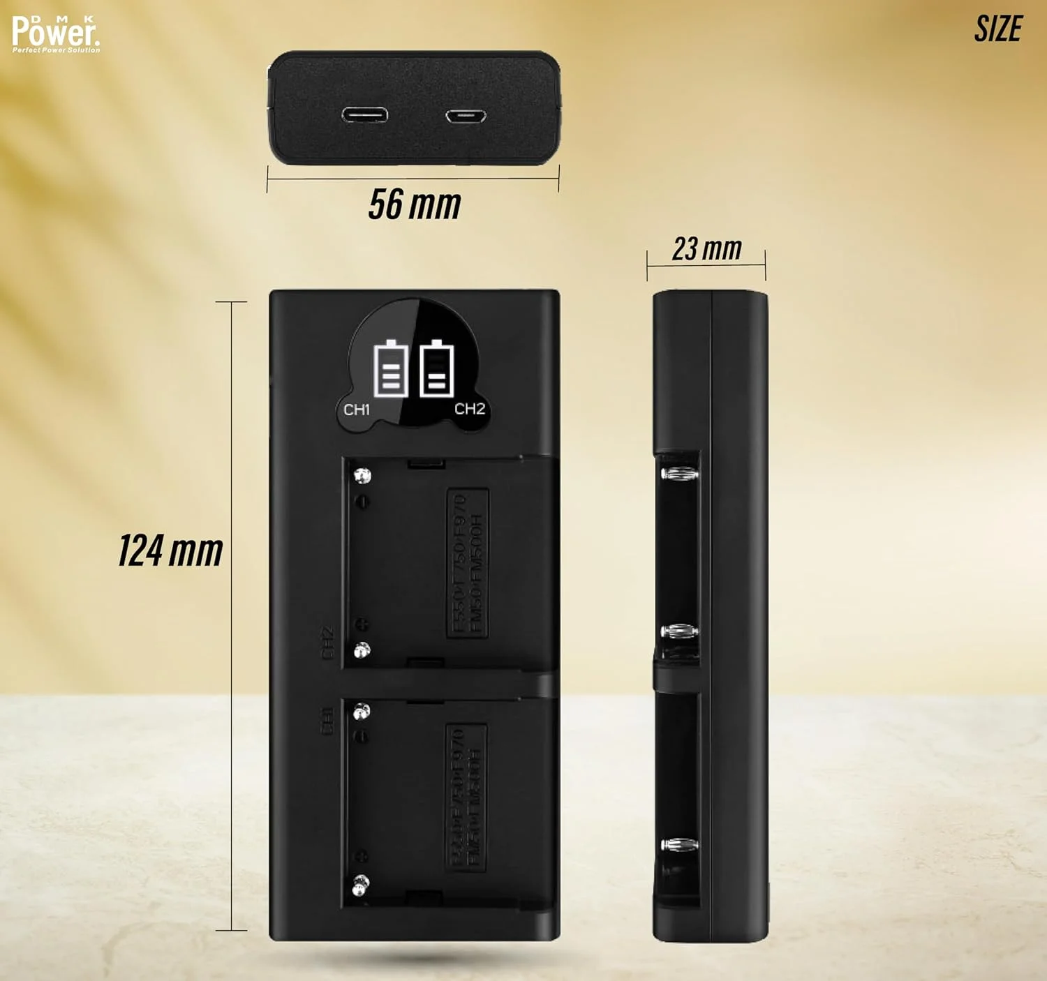 شارژر ال سی دی دوگانه USB مدل DMK Power مناسب برای باتری های سری Sony NP-F مدل های NP-F550 NP-F570 NP-F750 NP-F770 NP-F930 NP-F950 NP-F960 NP-F970 FM50/FM500H QM71 QM91 QM71D