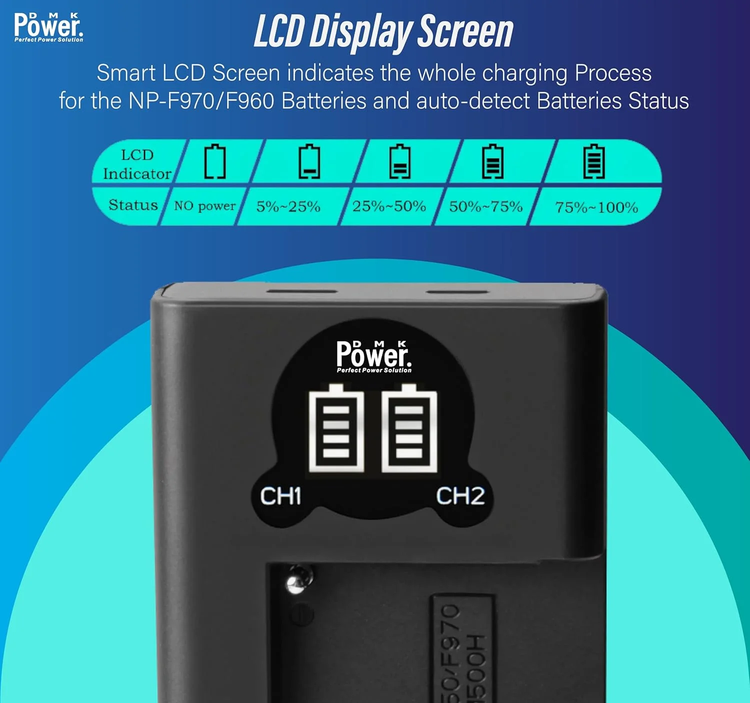 شارژر ال سی دی دوگانه USB مدل DMK Power مناسب برای باتری های سری Sony NP-F مدل های NP-F550 NP-F570 NP-F750 NP-F770 NP-F930 NP-F950 NP-F960 NP-F970 FM50/FM500H QM71 QM91 QM71D