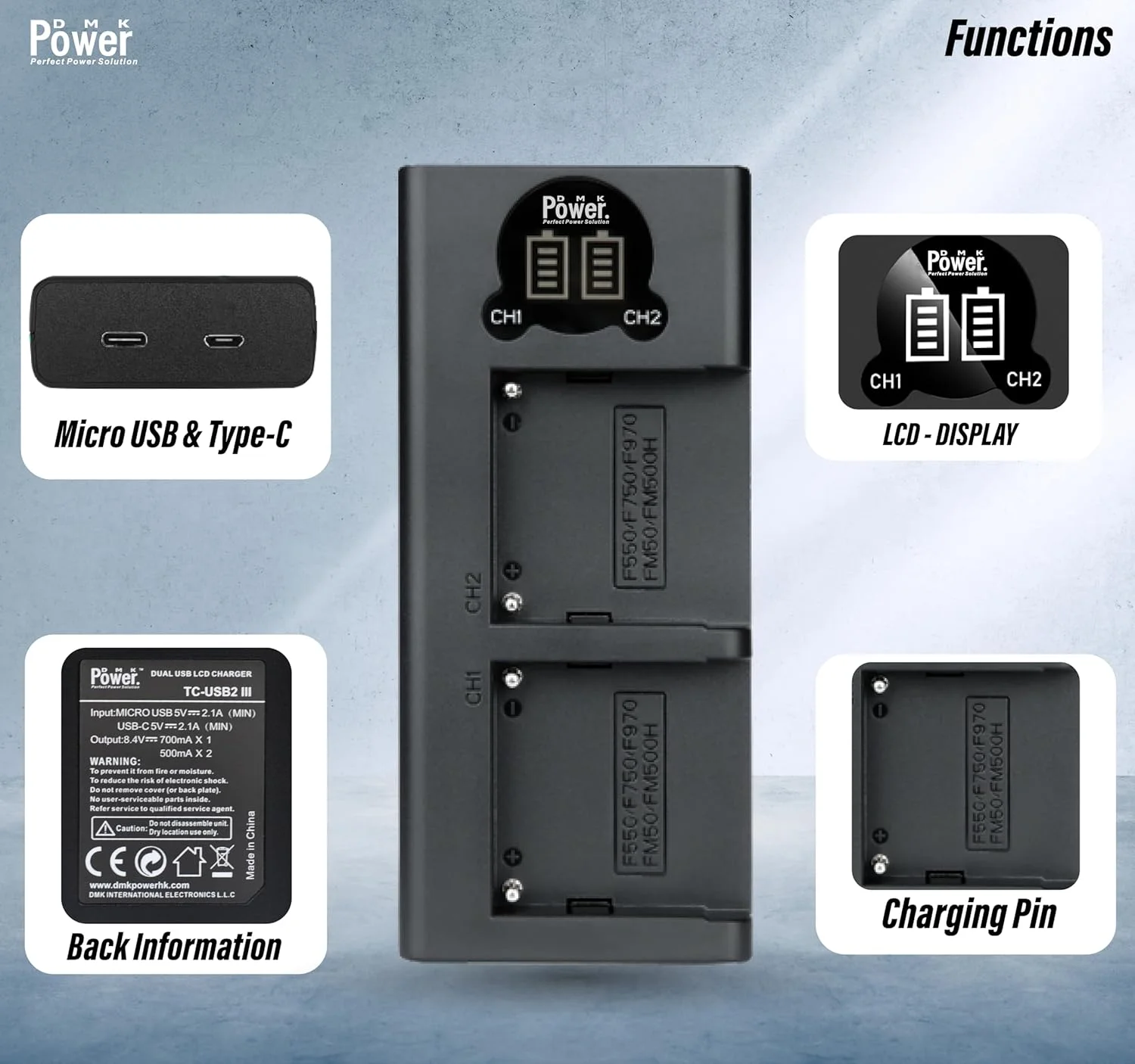 شارژر ال سی دی دوگانه USB مدل DMK Power مناسب برای باتری های سری Sony NP-F مدل های NP-F550 NP-F570 NP-F750 NP-F770 NP-F930 NP-F950 NP-F960 NP-F970 FM50/FM500H QM71 QM91 QM71D