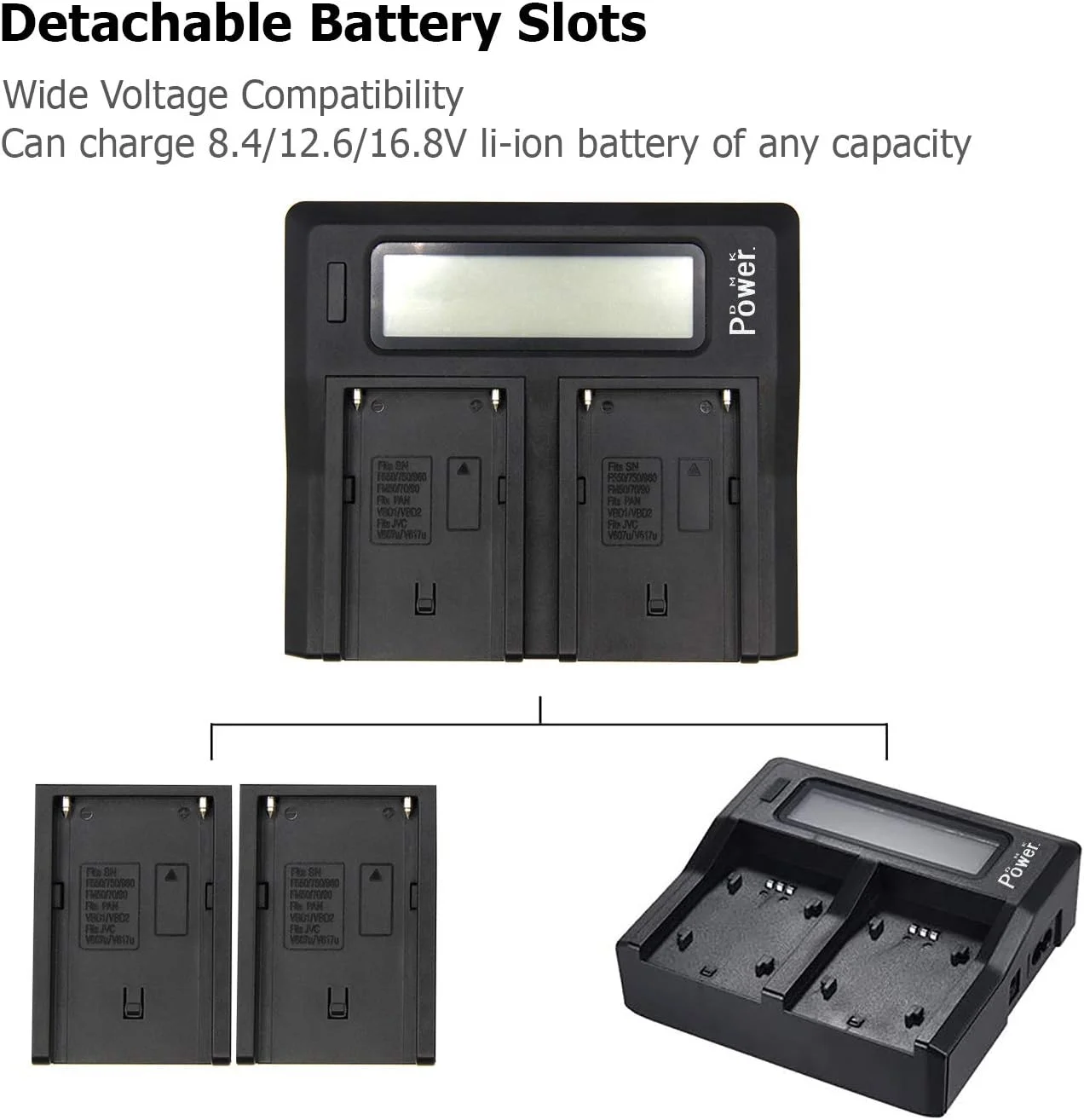 DMK پاور NP-F970/NP-F960 "بسته 8 عددی باتری 9800mAh و 1 عدد شارژر دوگانه دیجیتال DC-01"، ساخته شده فقط برای چراغ های LED عکس و فیلم و مانیتور (نه برای دوربین ها و فیلمبرداری)