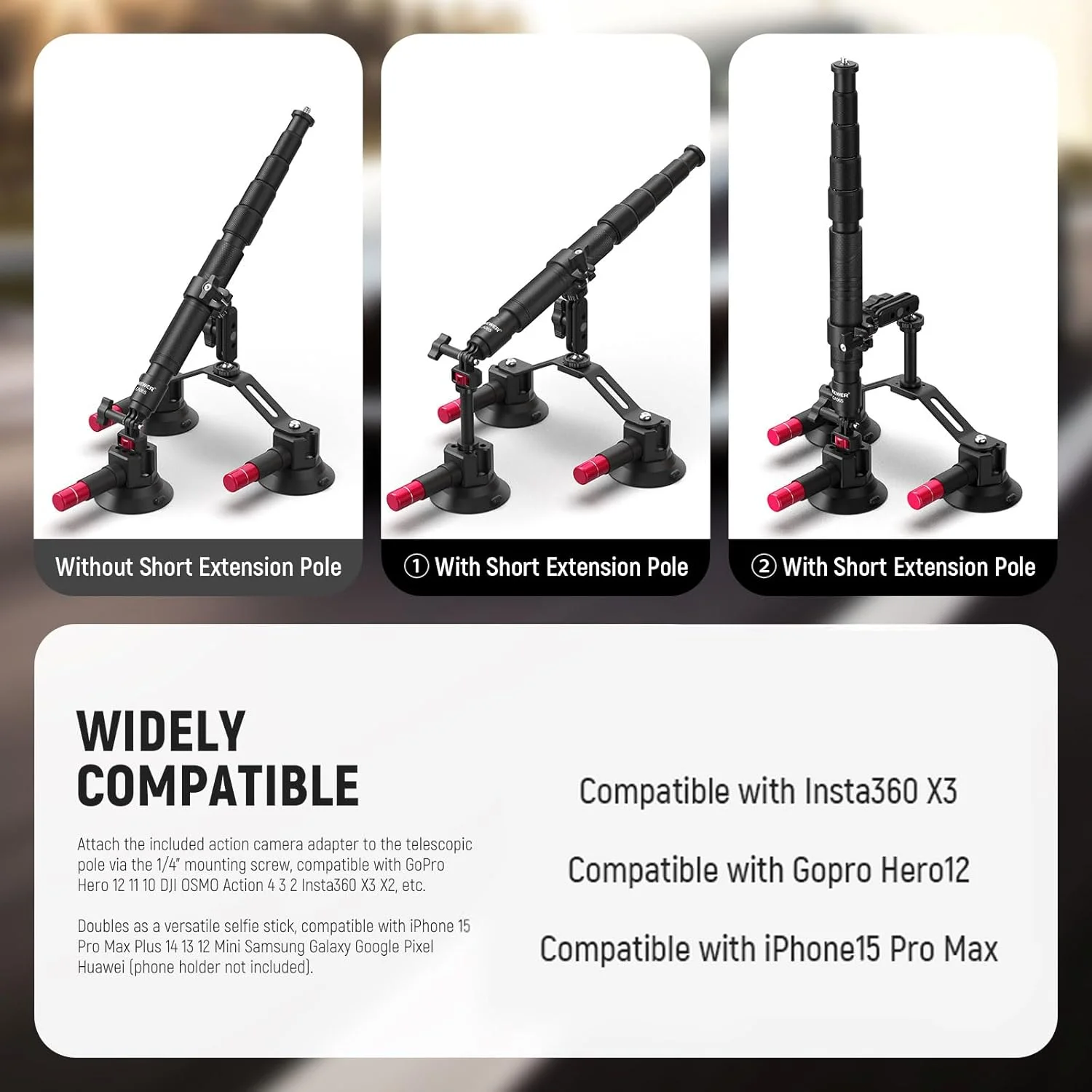 کیت پایه نگهدارنده سه گانه مکنده NEEWER برای خودرو با میله اکستنشن 2 در 1/مونوپاد، پایه دوربین بازوی جادویی شیشه جلو با رهاسازی سریع به همراه آداپتور دوربین اکشن سازگار با GoPro Insta360، مدل CA065