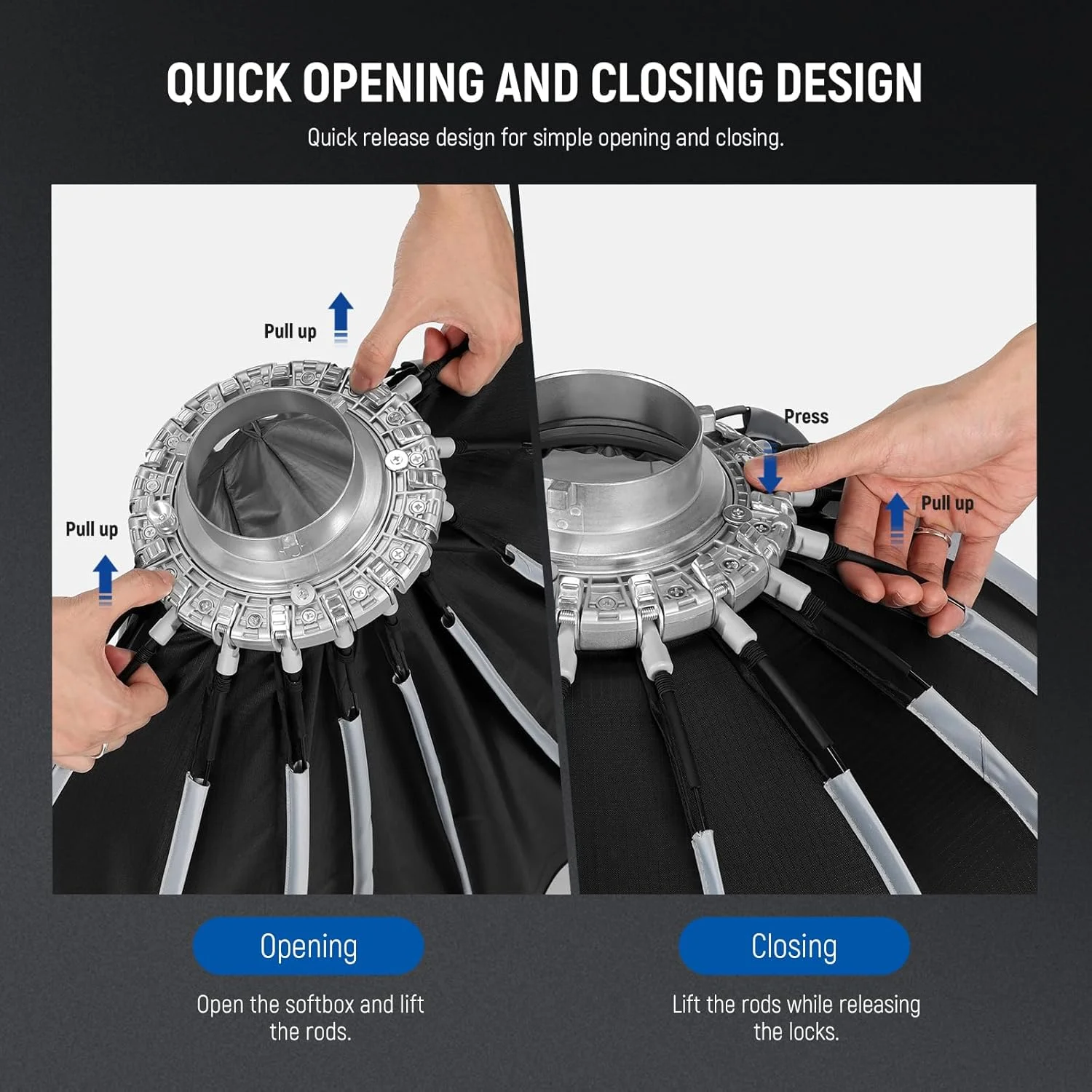 نرم باکس پارابولیک 90 سانتی متری نیور با مانت بوئنز، انتشار سریع با دیفیوزرها/گرید/کیف برای نورپردازی مداوم ویدیو CB60 CB200B MS60 MS150B Q4 سازگار با Godox Amaran 100x Aputure 600d, NS90P