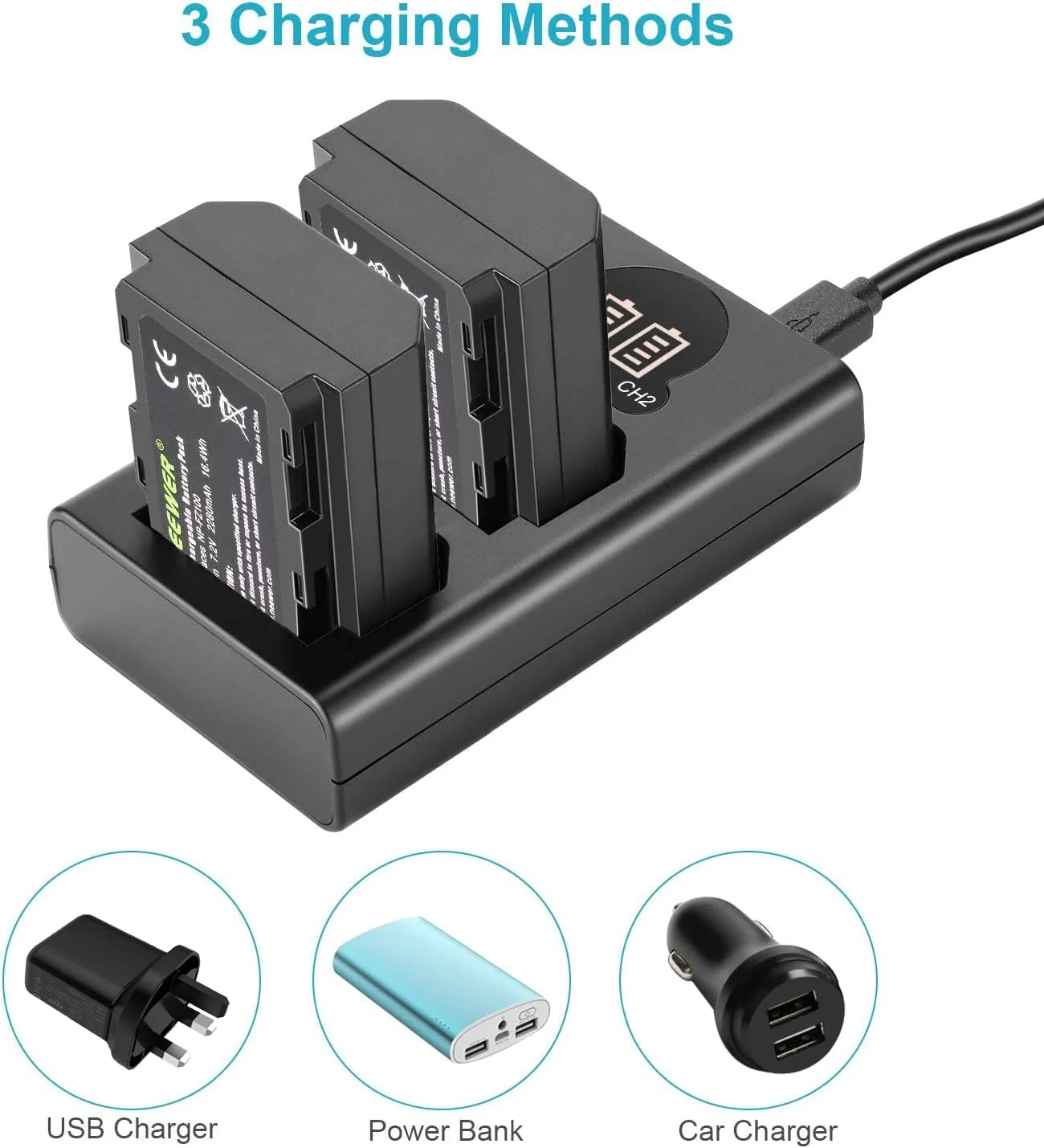 بسته دو عددی باتری جایگزین 2280mAh NP-FZ100 نیور و شارژر USB دوتایی با صفحه نمایش LCD، سازگار با Sony ZV-E10II A9III A7CII ZV-E1 A7III A7IV FX3 FX30 A6700 A1 A7C A7CR A7RIV A7RV A7SIII A9II