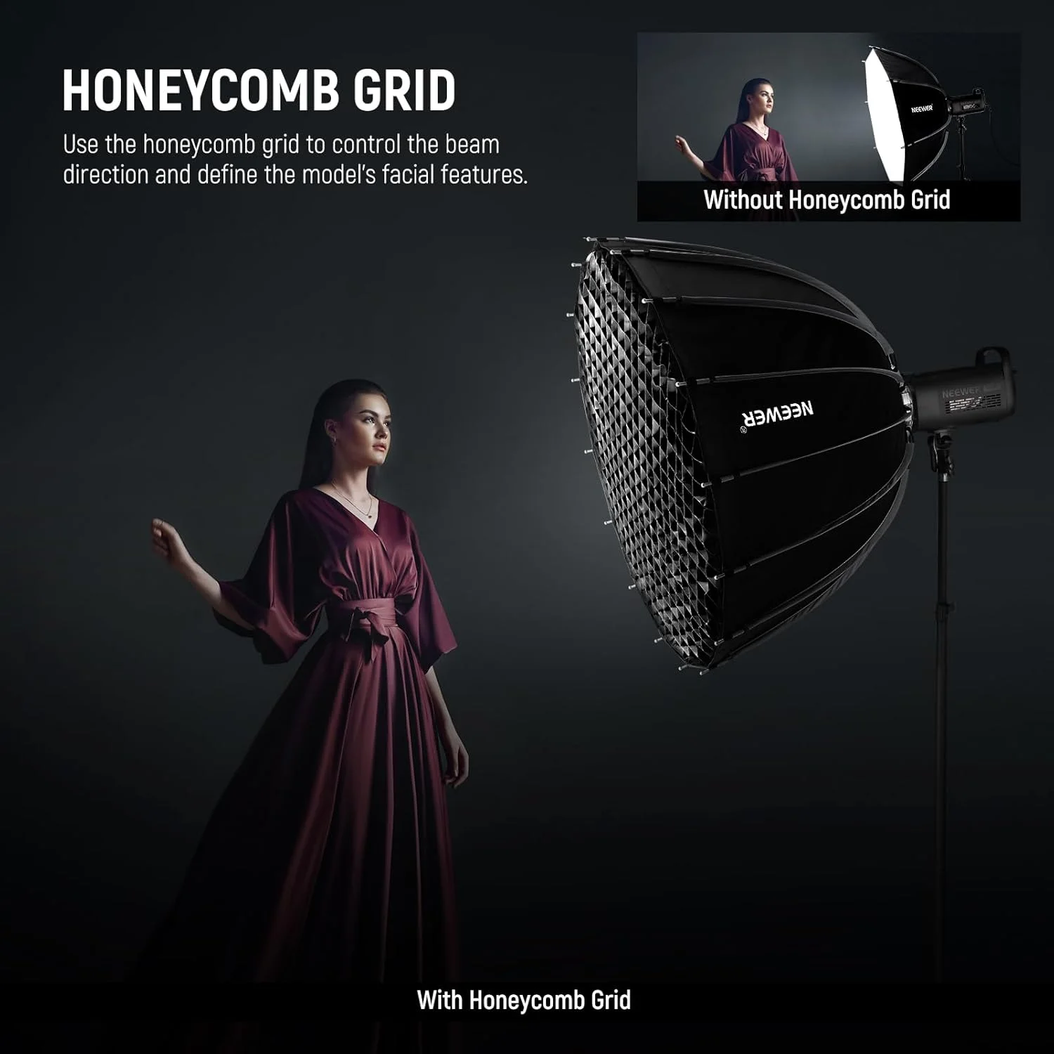 نرم باکس پارابولیک 90 سانتی متری نیور با مانت بوئنز، انتشار سریع با دیفیوزرها/گرید/کیف برای نورپردازی مداوم ویدیو CB60 CB200B MS60 MS150B Q4 سازگار با Godox Amaran 100x Aputure 600d, NS90P