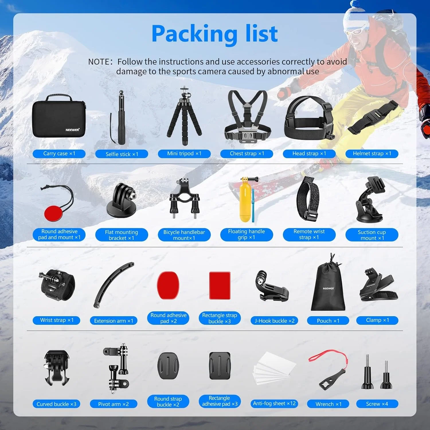 مجموعه لوازم جانبی دوربین اکشن 50 در 1 نیور سازگار با GoPro Hero 13 12 11 DJI OSMO 4 3 2 Insta360 X4 X3 SJCAM AKASO VicTsing APEMAN Campark Sony Sports DV به همراه میله نگهدارنده دوربین اکشن GP-10