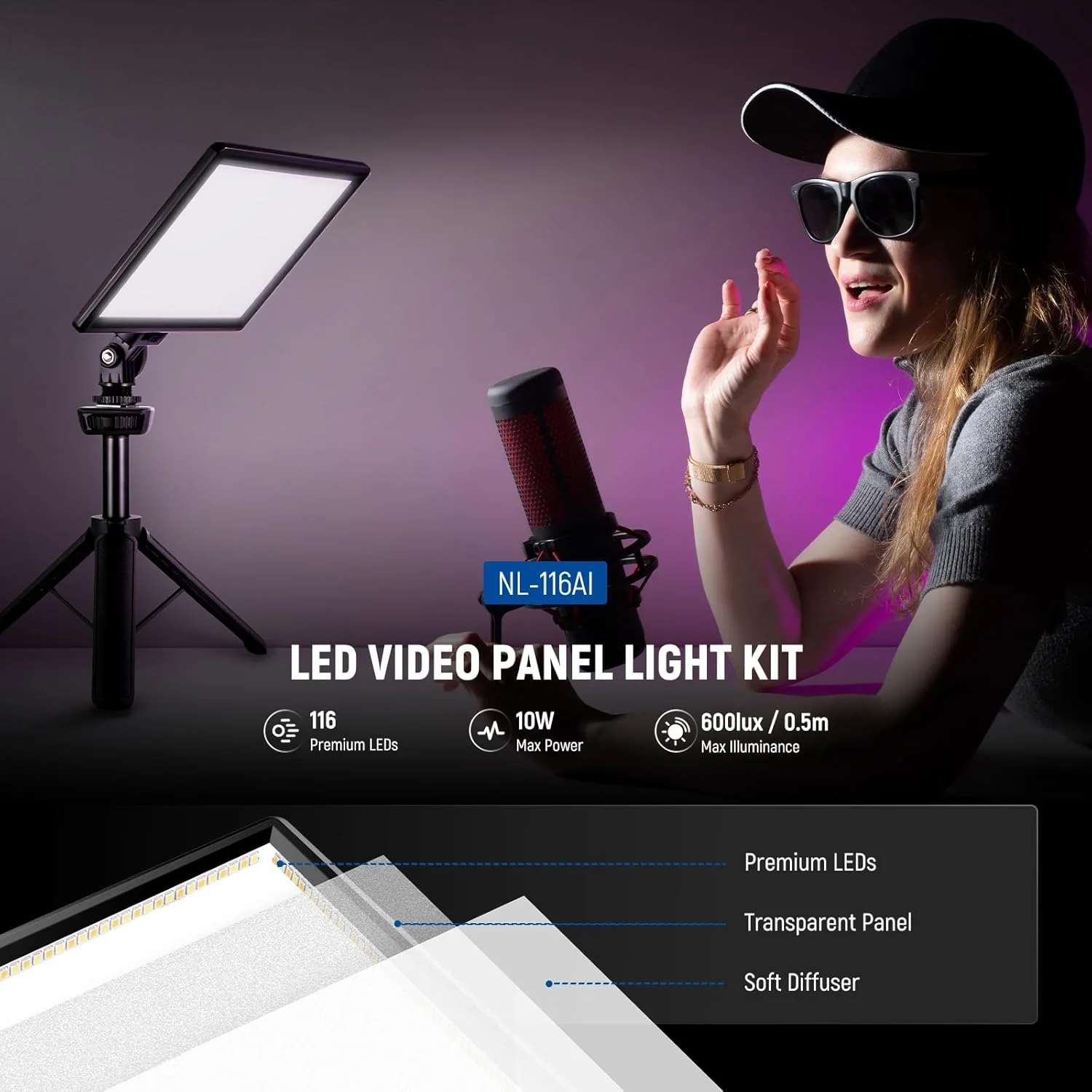 پنل نور LED ویدئویی 9 اینچی NEEWER، نور ملایم قابل تنظیم دوربین DSLR با سه پایه کوچک، باتری 4000mAh، پورت های USB Type C، 3200K~5600K CRI95+ 600Lux برای عکاسی، ضبط ویدئو، پخش زنده، مدل NL-116AI