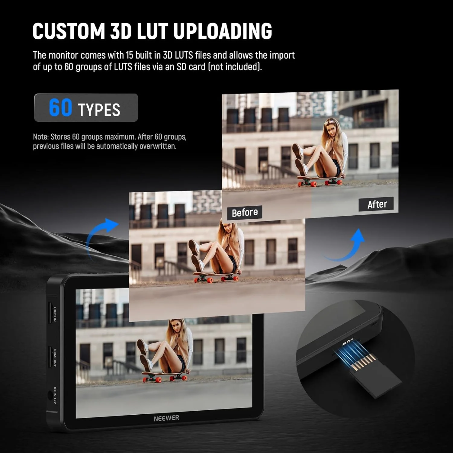 مانیتور 7 اینچی دوربین NEEWER F700، صفحه لمسی IPS با وضوح 1920x1080 HD و روشنایی 2000 نیت، دارای LUT سه بعدی، ورودی/خروجی 4K HDMI Loop به همراه Peak Focus DSLR Video Assist HDR Waveform، مانت Cold Shoe، 2 عدد باتری NP-F750 و کابل