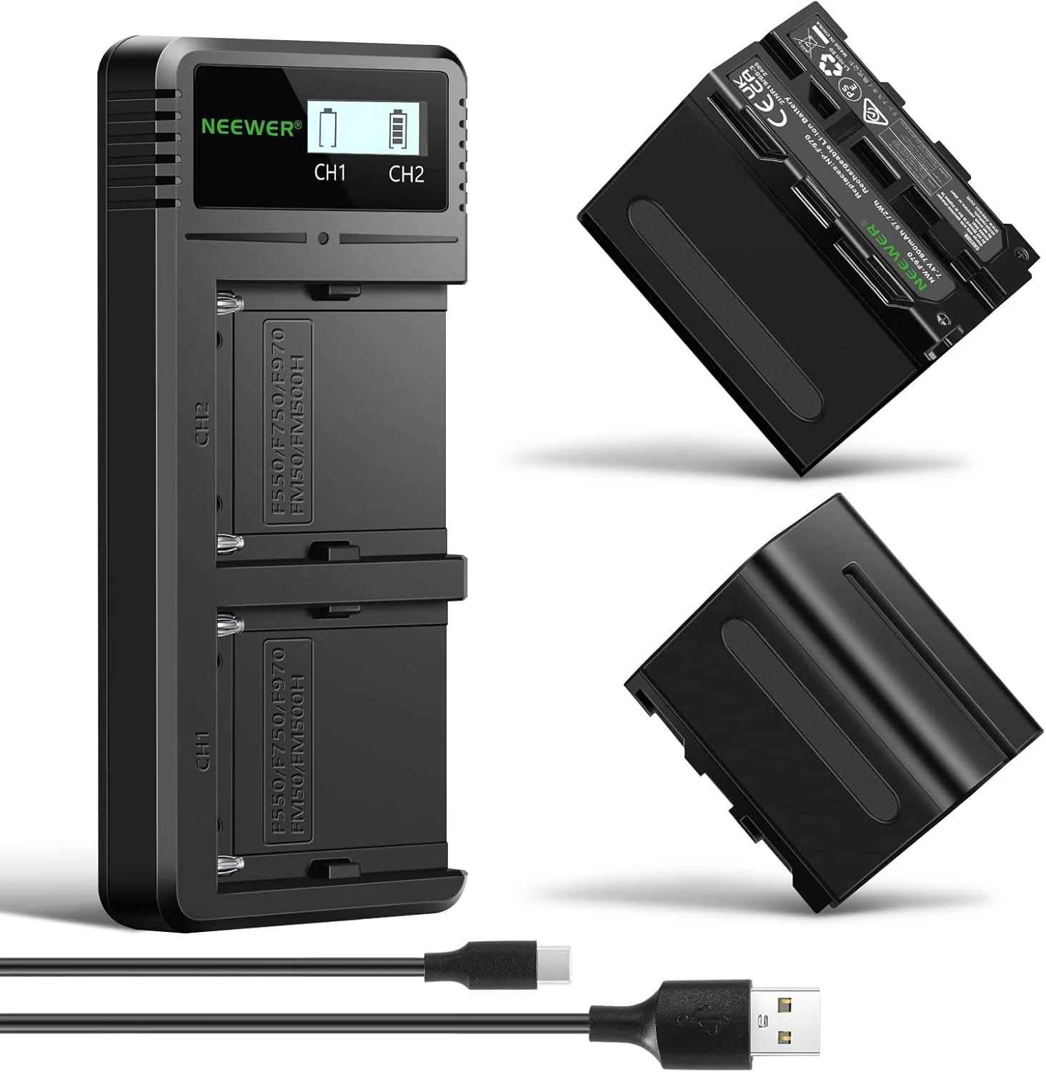 دو عدد باتری جایگزین 7800mAh نیور NP-F970 با شارژر سریع LCD دوگانه USB، سازگار با Sony NP-F970 F960 F950 F770 F750 F570 F550، Handycam، چراغ LED نیور، مانیتور، لغزنده موتوری