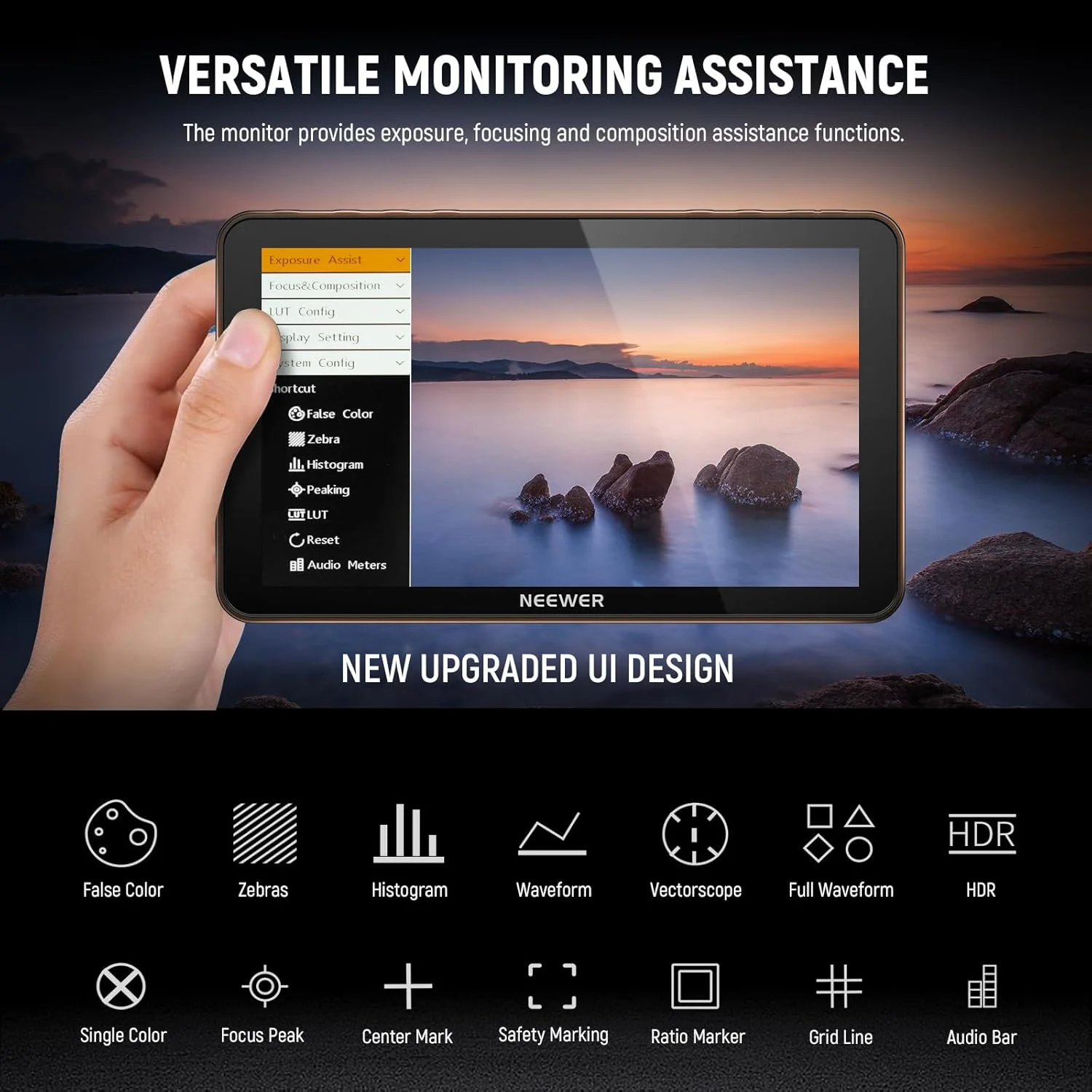 مانیتور 7 اینچی دوربین NEEWER F700، صفحه لمسی IPS با وضوح 1920x1080 HD و روشنایی 2000 نیت، دارای LUT سه بعدی، ورودی/خروجی 4K HDMI Loop به همراه Peak Focus DSLR Video Assist HDR Waveform، مانت Cold Shoe، 2 عدد باتری NP-F750 و کابل