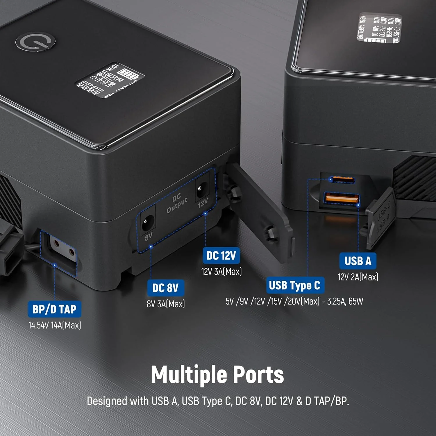 باتری مینی V-Lock نیور مدل PS099E با کابل Type C، ظرفیت 6800mAh 99Wh 14.5V با نمایشگر OLED، شارژ سریع 65W PD USB C، خروجی D Tap/BP/USB A/DC برای مانیتور دوربین فیلمبرداری