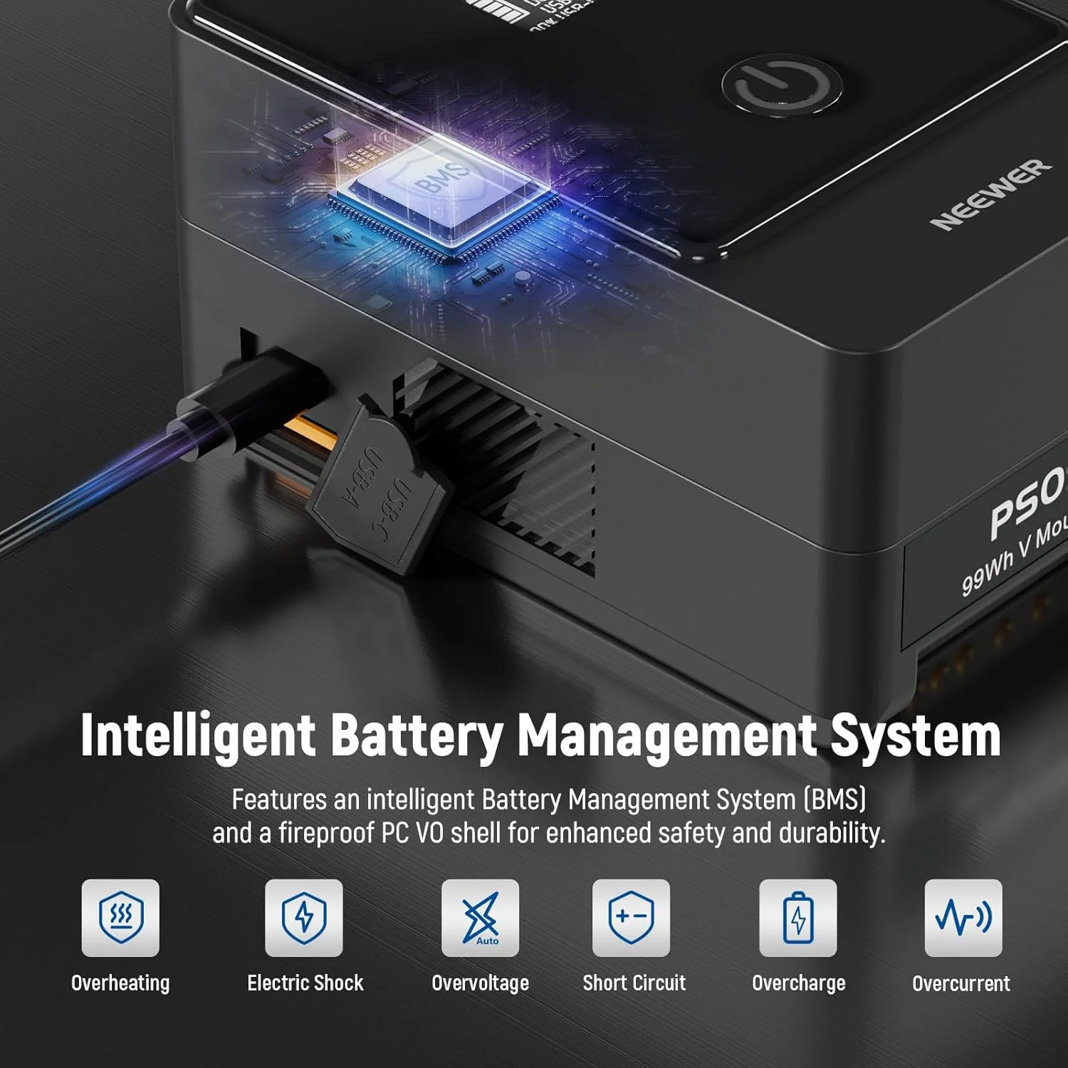 باتری مینی V-Lock نیور مدل PS099E با کابل Type C، ظرفیت 6800mAh 99Wh 14.5V با نمایشگر OLED، شارژ سریع 65W PD USB C، خروجی D Tap/BP/USB A/DC برای مانیتور دوربین فیلمبرداری