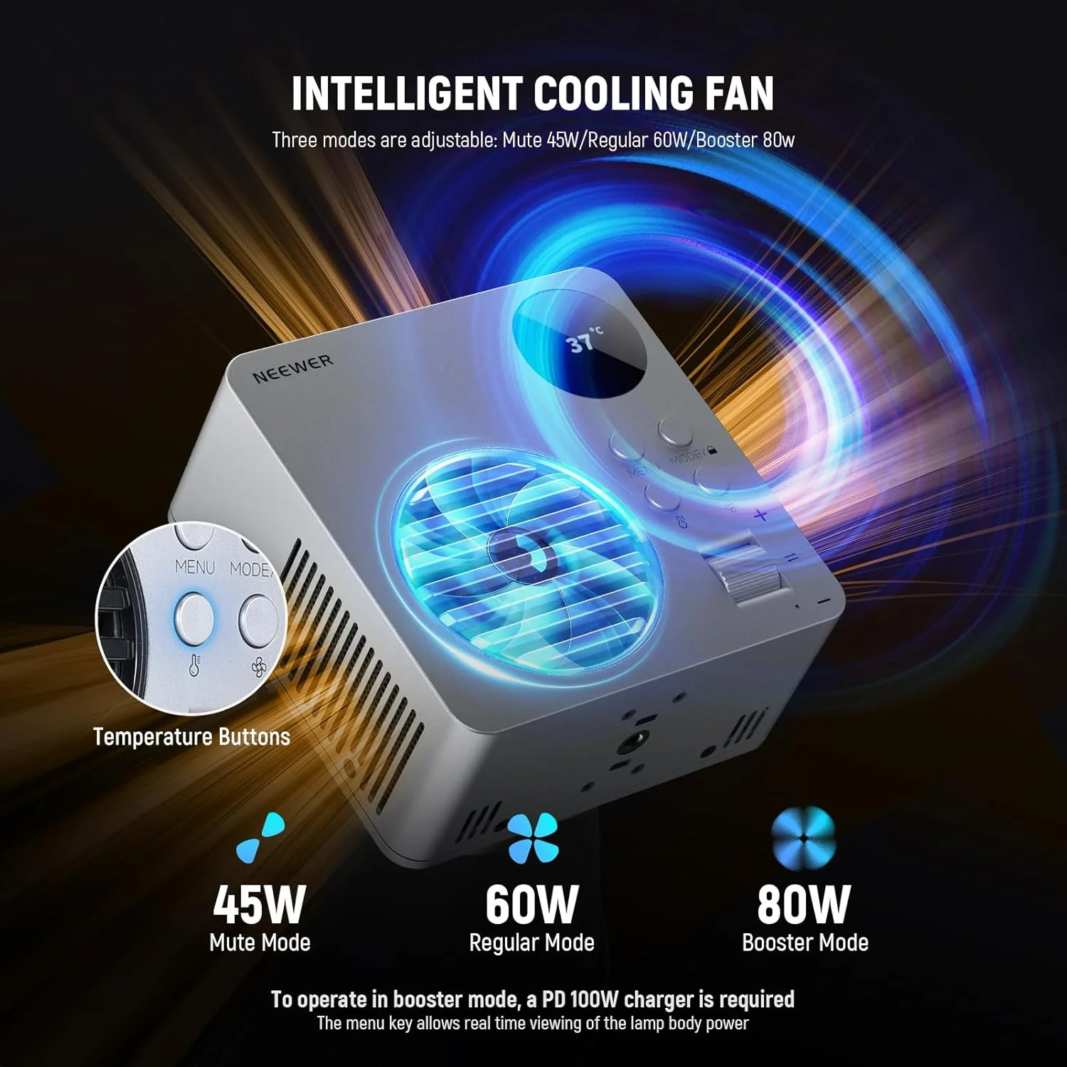 نور ویدئویی ال ای دی RGBWW نیور 80 وات با رفلکتور و باتری 72 وات، کنترل از طریق اپلیکیشن/2.4G، 18 افکت، 10400 لوکس/متر، 2500K-7500K، شارژ سریع PD 100 وات، نورپردازی خروجی مداوم مینی RGB COB با مانت بوئنز، HB80C