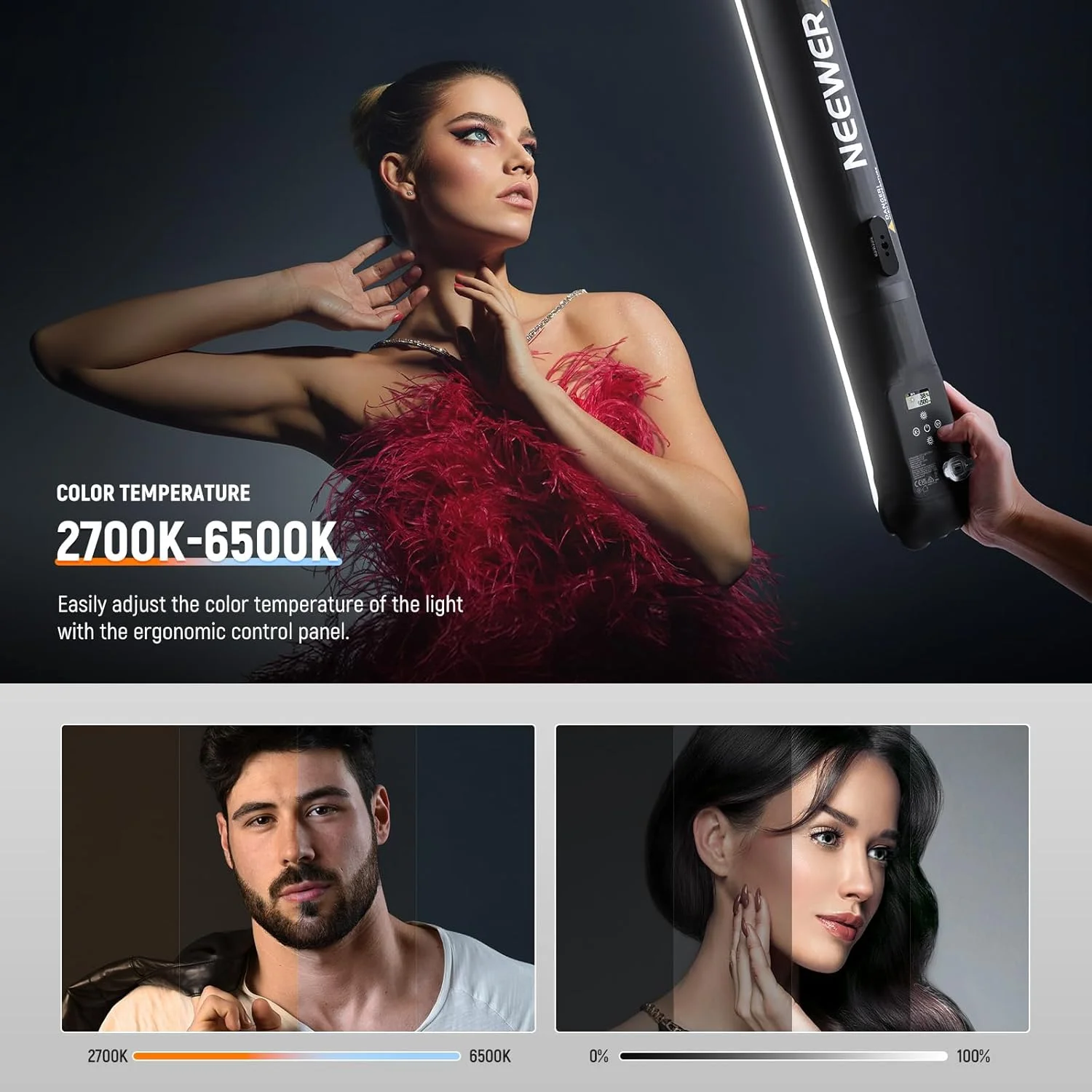 چراغ LED دستی 21 واتی NEEWER، نورپردازی ویدیویی TPU بادی قابل حمل و سبک وزن دو رنگ، 2700-6500K 1300LUX/0.5 12 جلوه CRI95 باتری 2500mAh، برای عکاسی استودیویی و ضبط ویدیو، GC21B