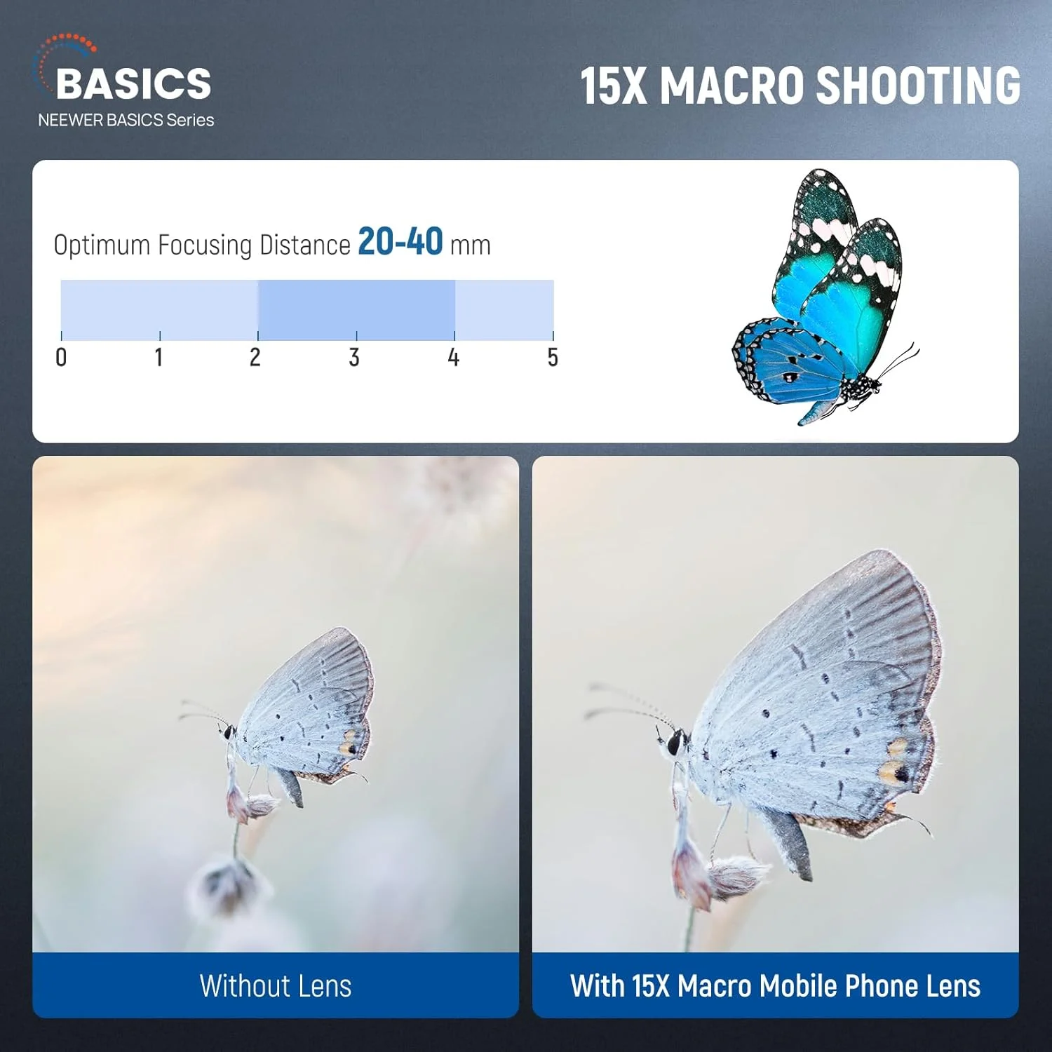 کیت لوازم جانبی لنز دوربین گوشی موبایل 2 در 1 نیوور BASICS، زاویه دید عریض HD 0.45x + ماکرو 15x، گیره لنز، حلقه آداپتور فیلتر جداشدنی 17 میلی متر به 37 میلی متر سازگار با گوشی های هوشمند آیفون سامسونگ اندروید، LS-67