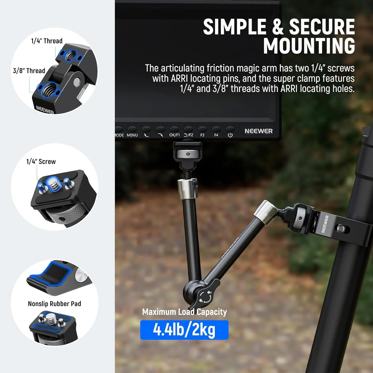 بازوی جادویی 11 اینچی با گیره و سوپر گیره NEEWER، پایه نگهدارنده مانیتور دوربین با پین ها و سوراخ های 1/4 اینچ و 3/8 اینچ ARRI، سازگار با قفس SmallRig، مدل ST16C