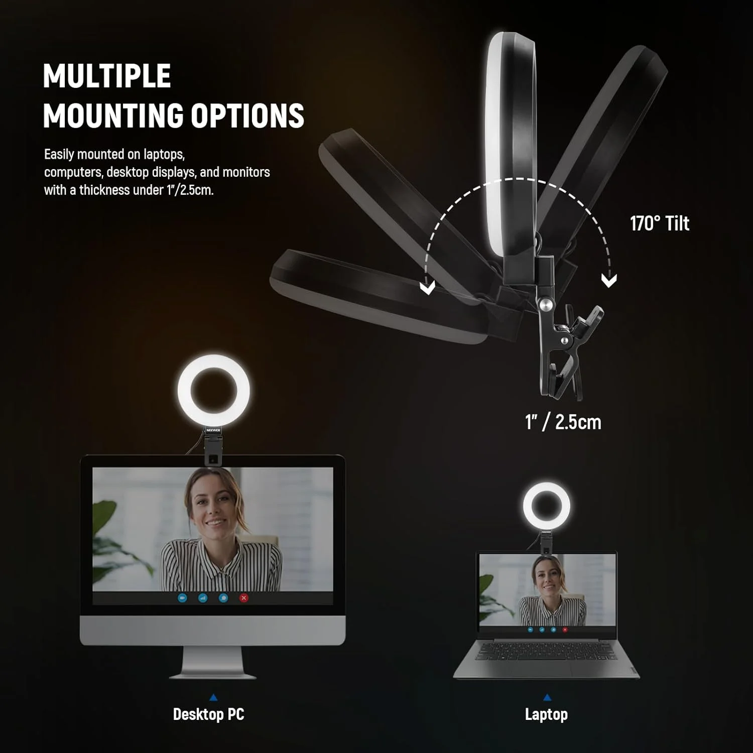 نور حلقه ای پایه 5 اینچی NEEWER برای نورپردازی کنفرانس ویدیویی، کیت نور گیره ای با پایه سه پایه رومیزی برای مانیتور لپ تاپ کامپیوتر تماس زوم پخش زنده کار از راه دور یادگیری ضبط ویدیو، BR60