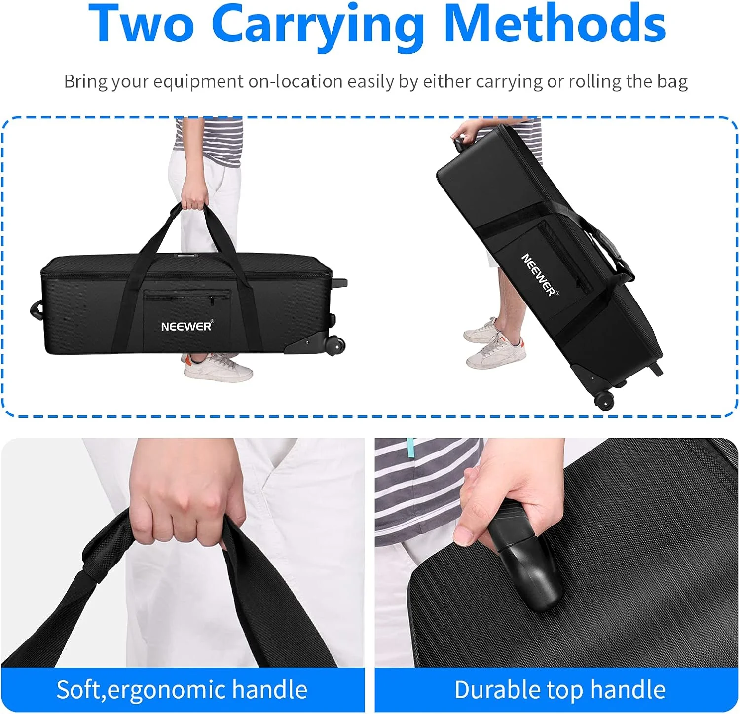 کیف حمل تجهیزات استودیویی نورپردازی Neewer، ابعاد 102x30x30 سانتی متر، دارای محفظه های جداگانه برای پایه نور، سه پایه، فلاش، چتر، استودیو عکاسی و غیره